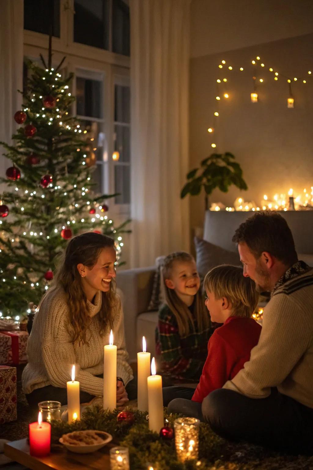 A family enjoying a serene moment in a candlelit room, surrounded by Christmas decorations.