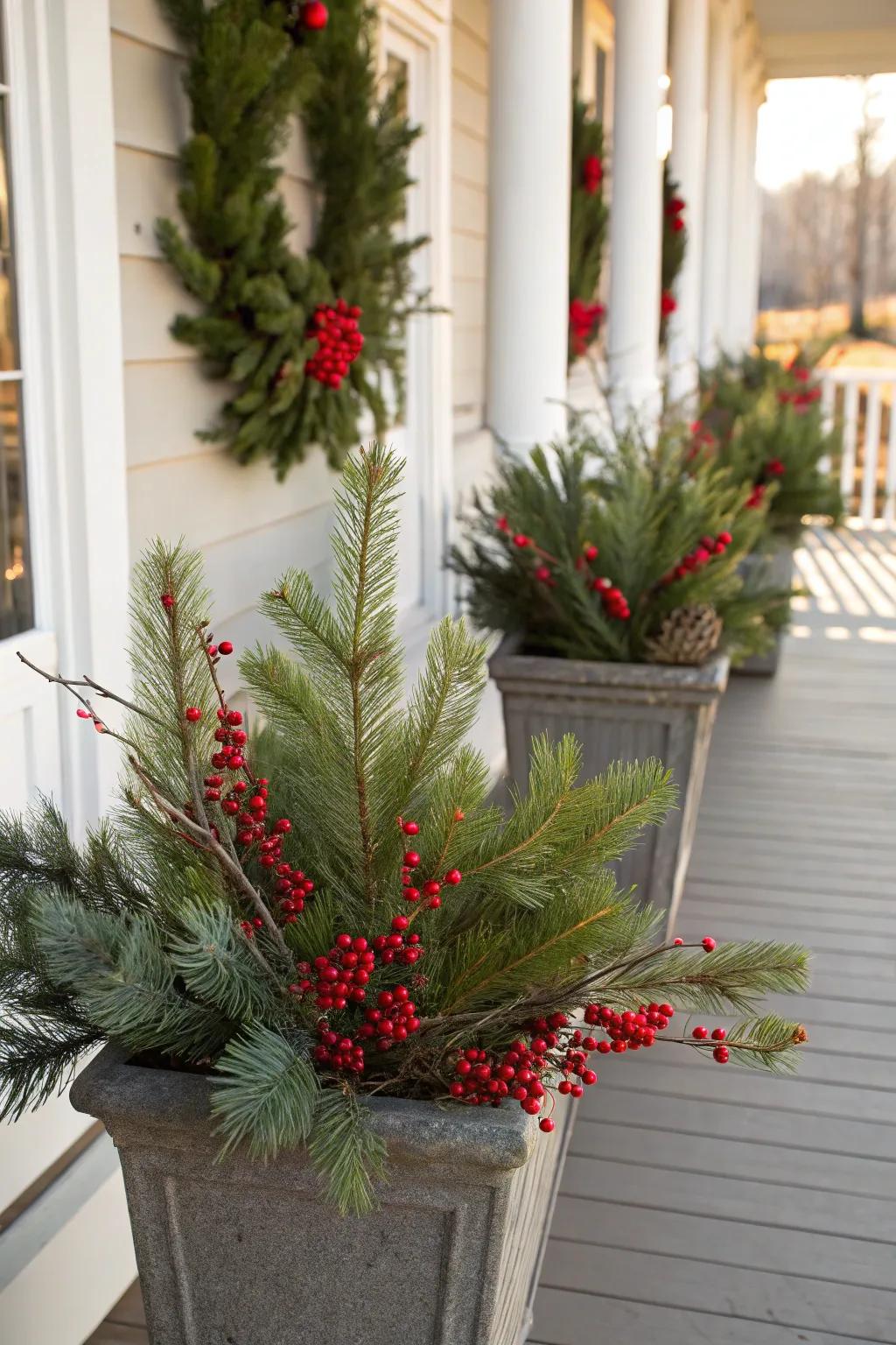 Containers with evergreen and berries deliver a timeless holiday vibe.