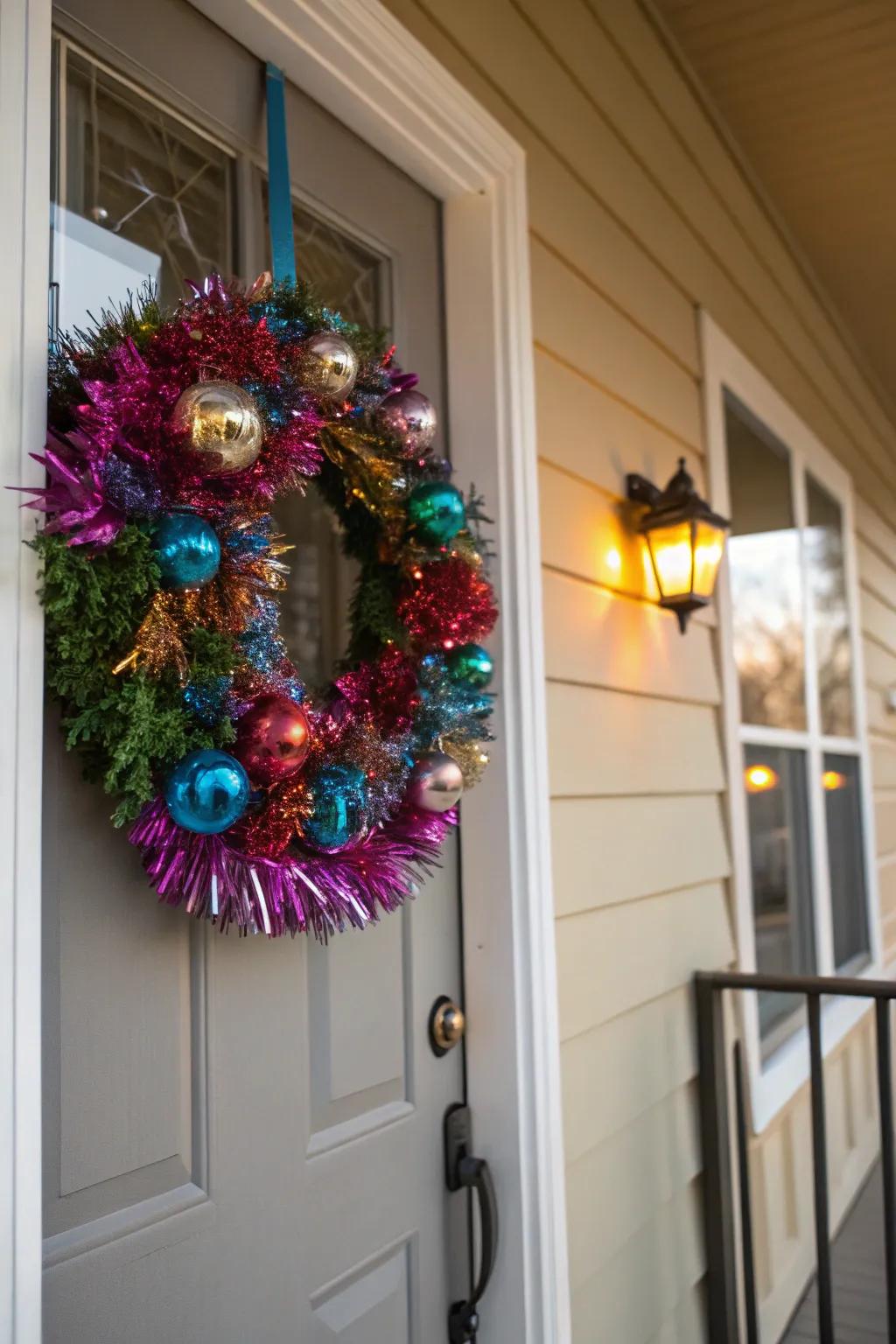 A vibrant sparkle strand wreath offers a celebratory welcome at the door.