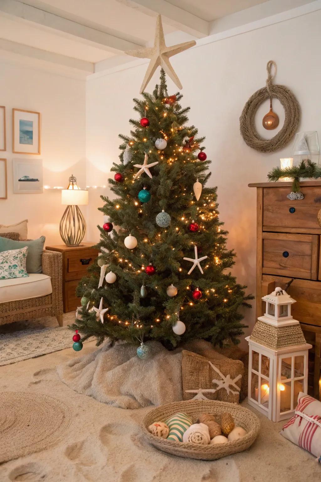 A revitalizing Christmas tree showcasing seaside-themed decors and vibrant lights, evoking a seaside holiday sensation.