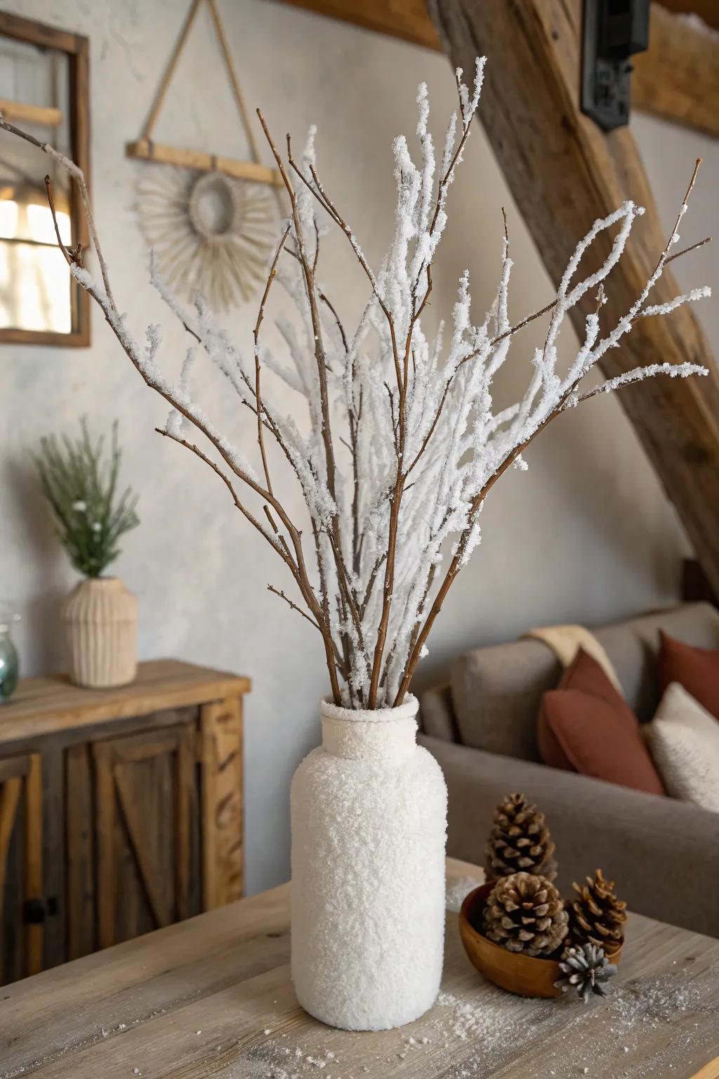 Bring the snowy outdoors inside with frosted branches.