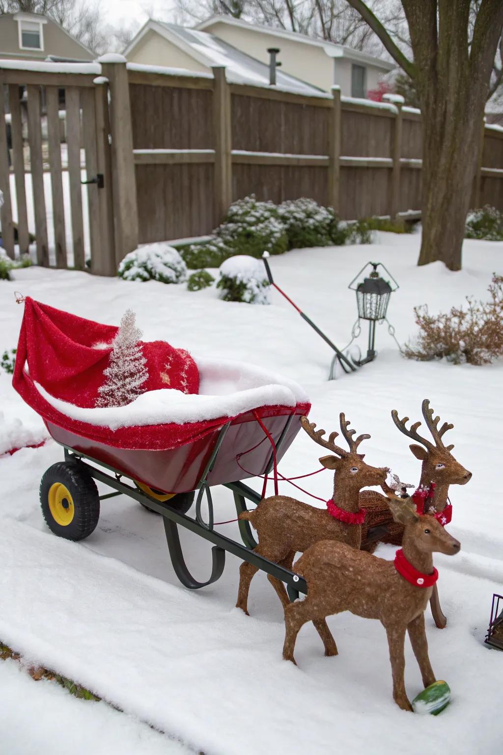 A playful rendition of Santa's sleigh using a wheelbarrow.