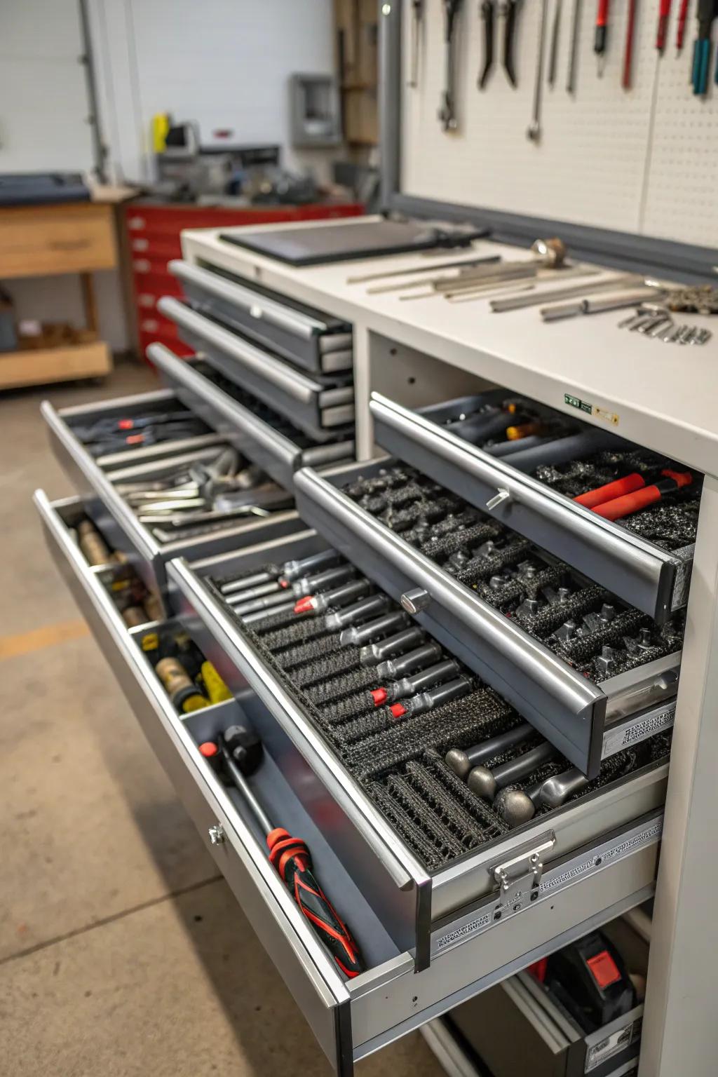 Slide-out drawers provide a hidden and organized storage option.