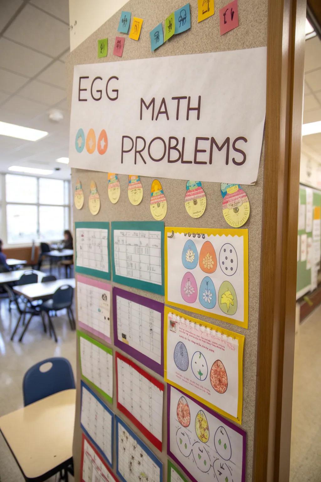 A learning-focused bulletin board that features sphere-inspired math challenges.