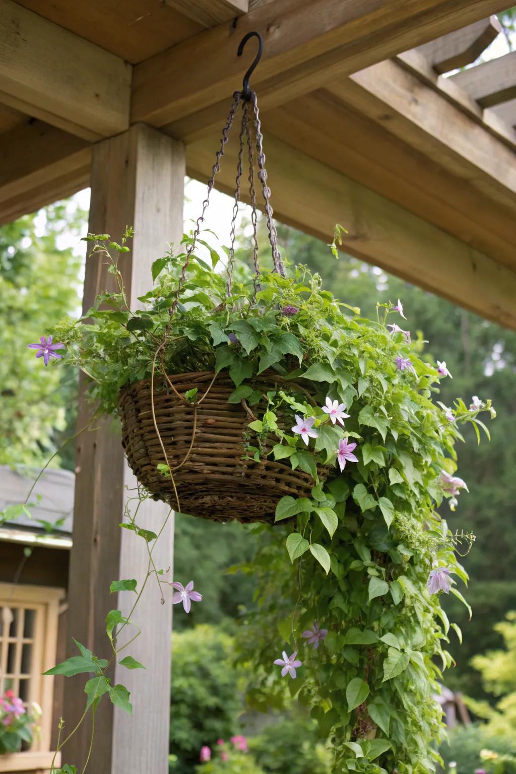 Cascading clematis are uniquely displayed on a hanging basket trellis.