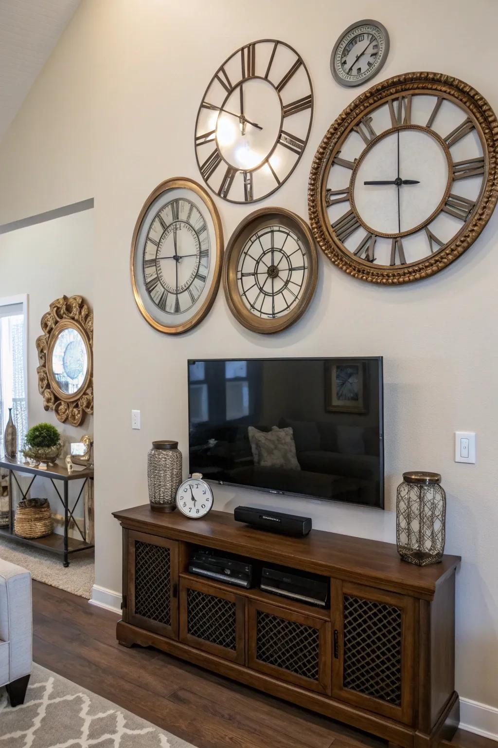 Mirrors paired with a clock create depth and elegance above the TV.