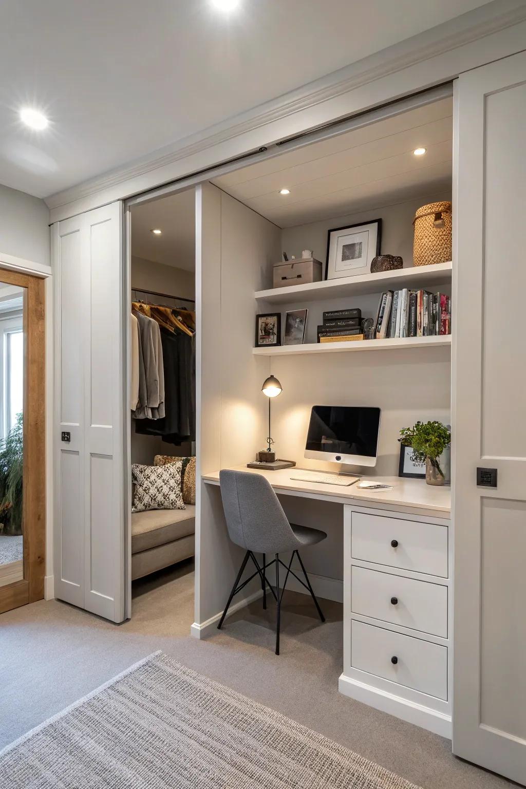 Remove closet doors for a more open and stylish cloffice.