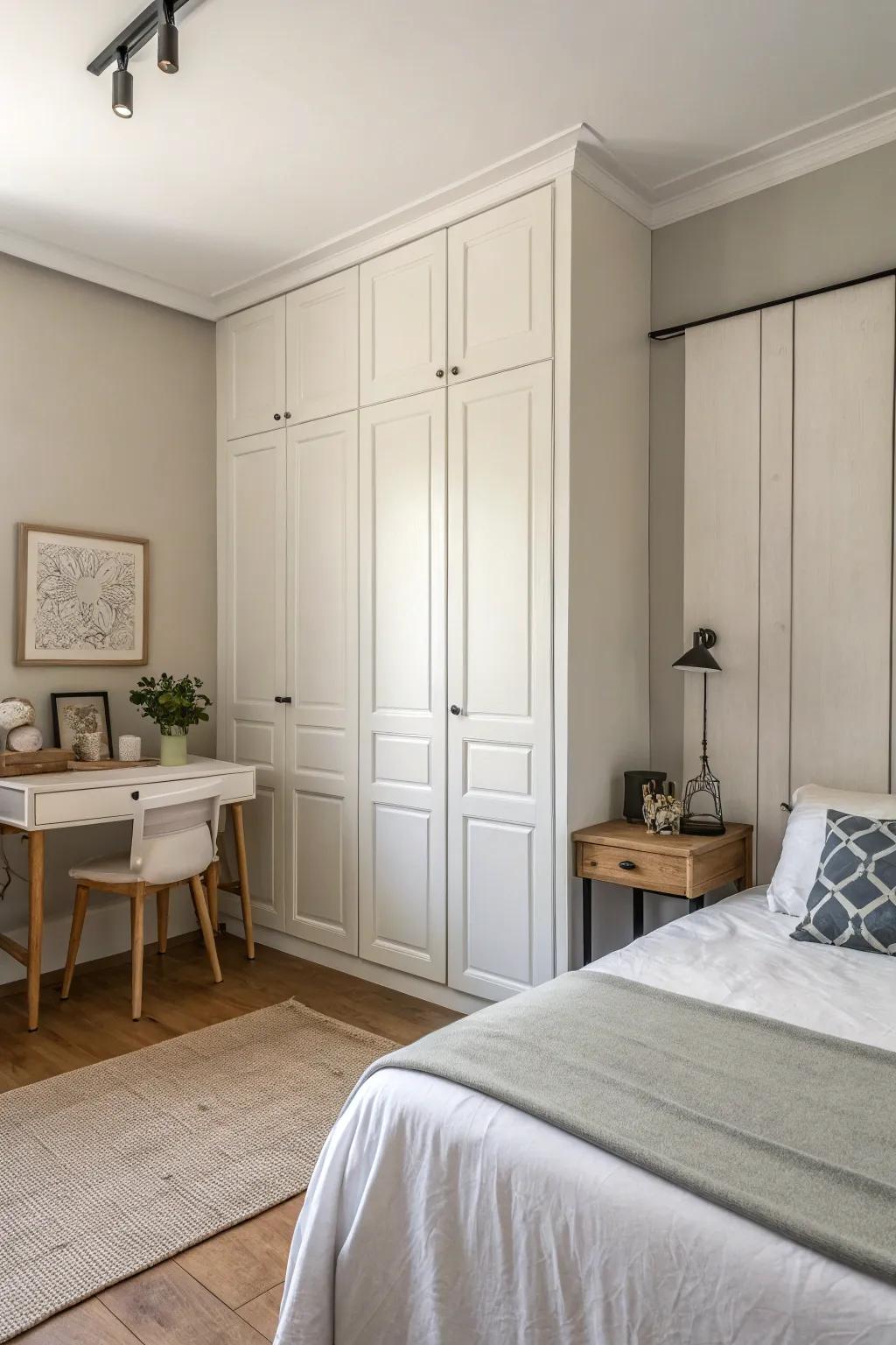 Inconspicuous doors cultivate a unified and minimalist aesthetic.