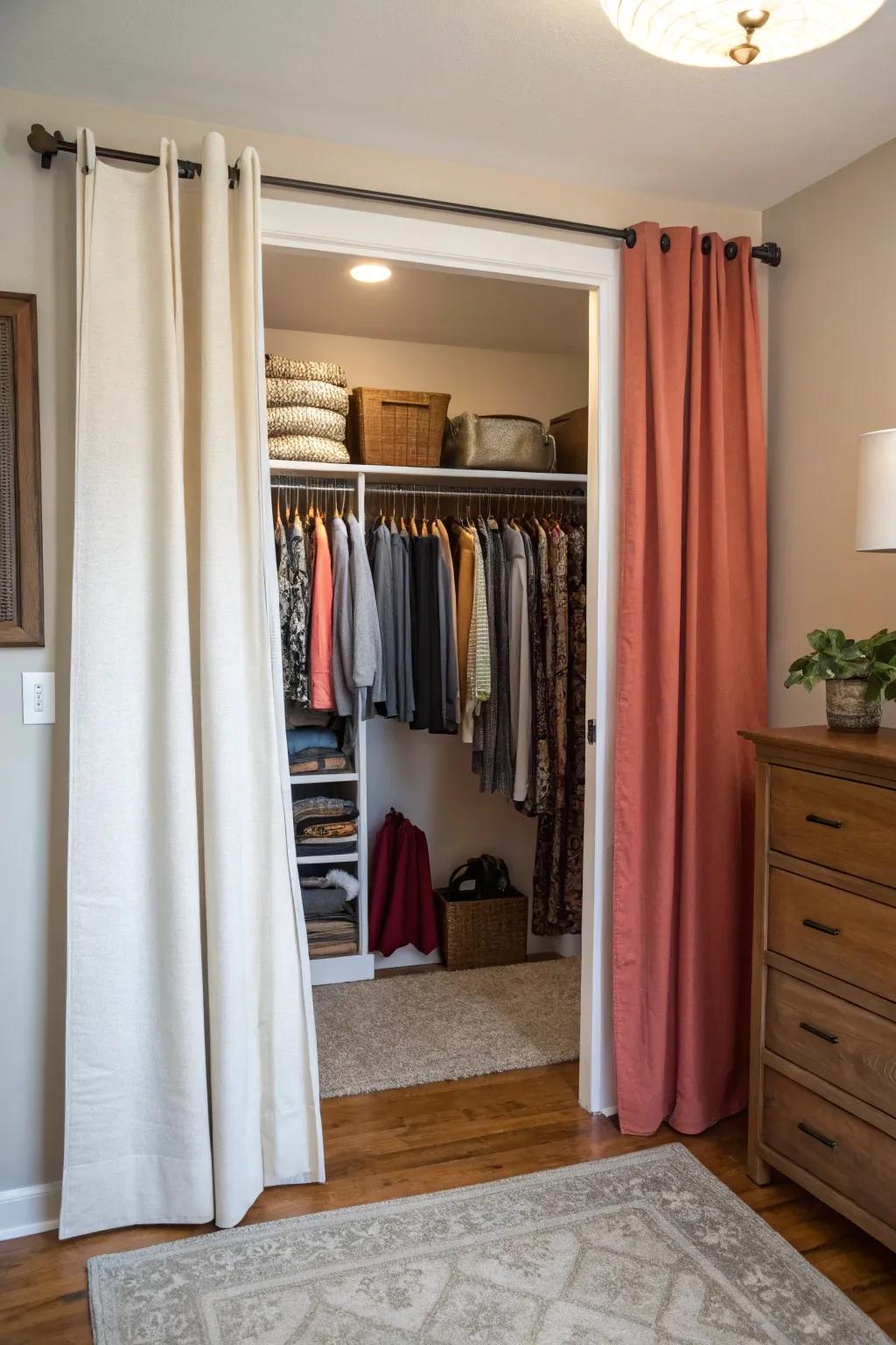 Fabrics in place of panels, creating an airy closet.