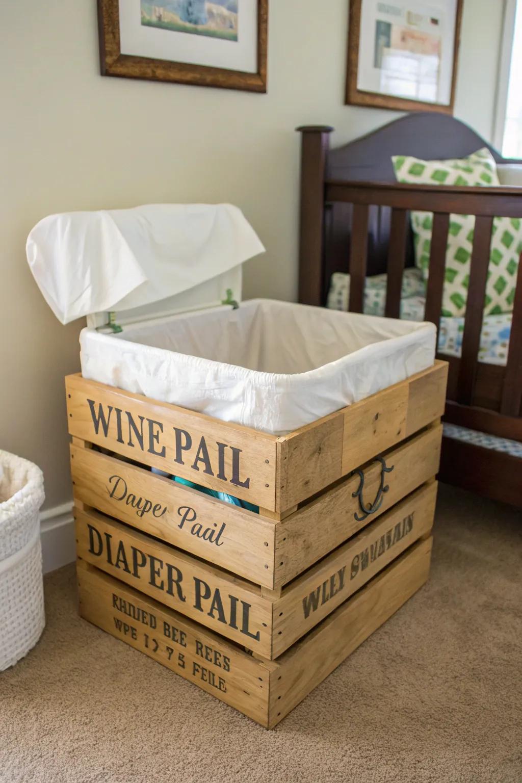 A repurposed wine crate brings rustic charm and functionality as a unique diaper pail.