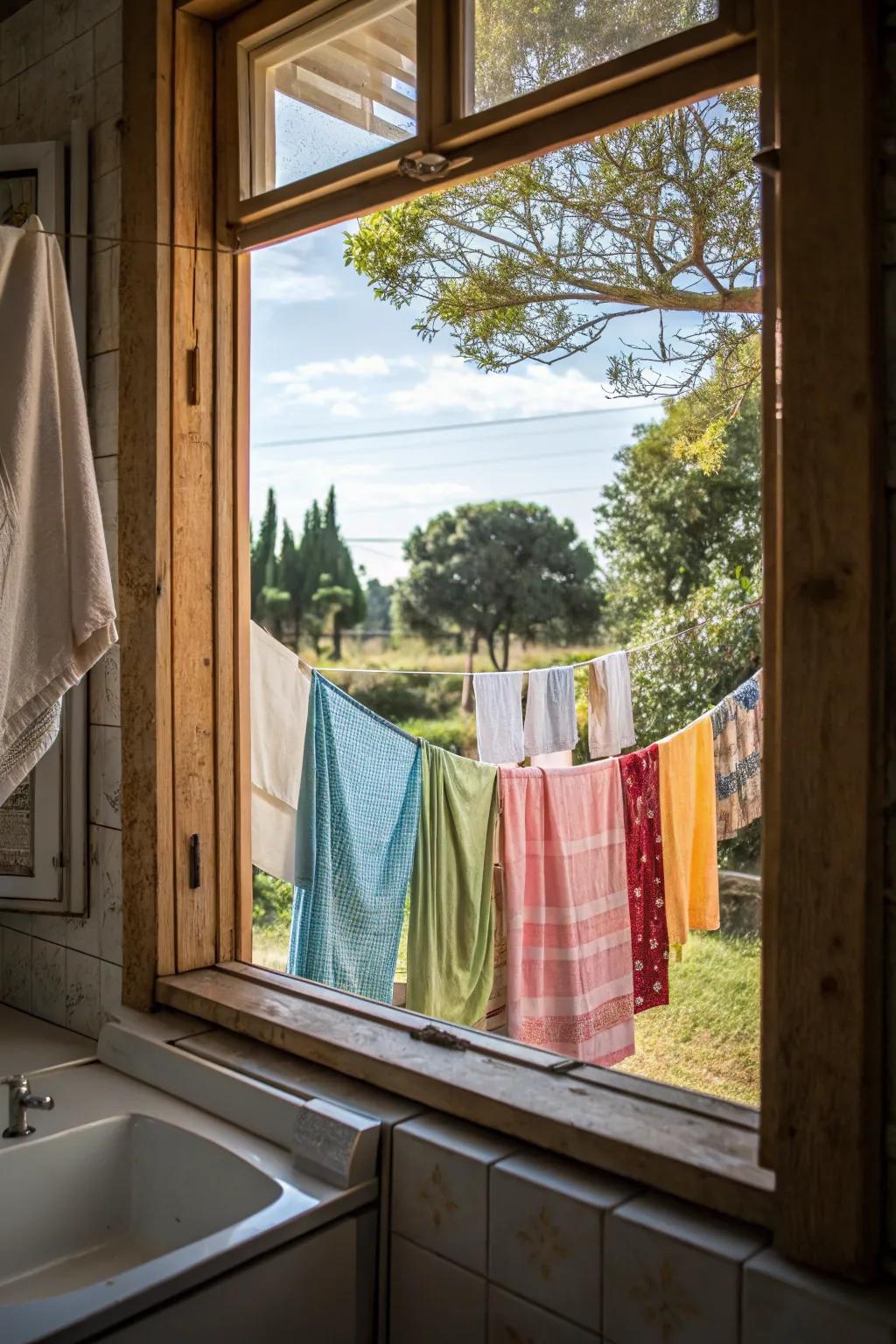 A subtle and handy clothesline beyond the kitchen window.