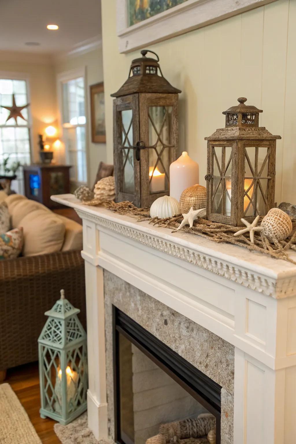 A well-decorated mantel enhances the fireplace as a centerpiece.