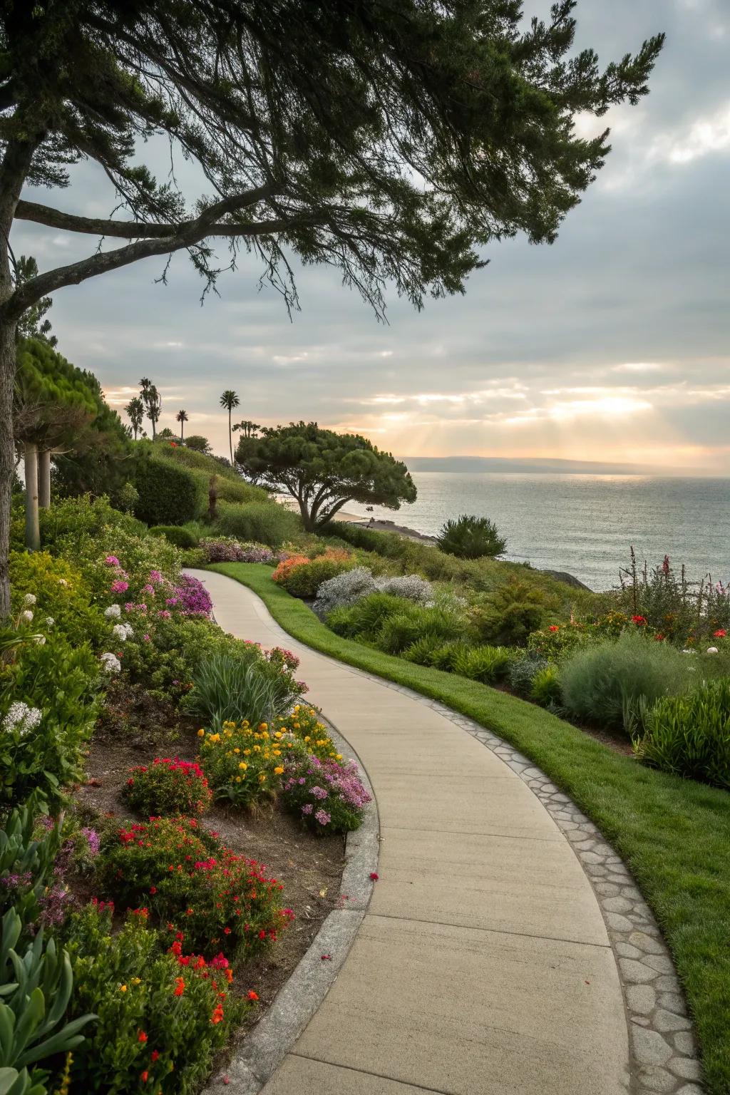 Slightly bent paths invite exploration in a coastal garden.