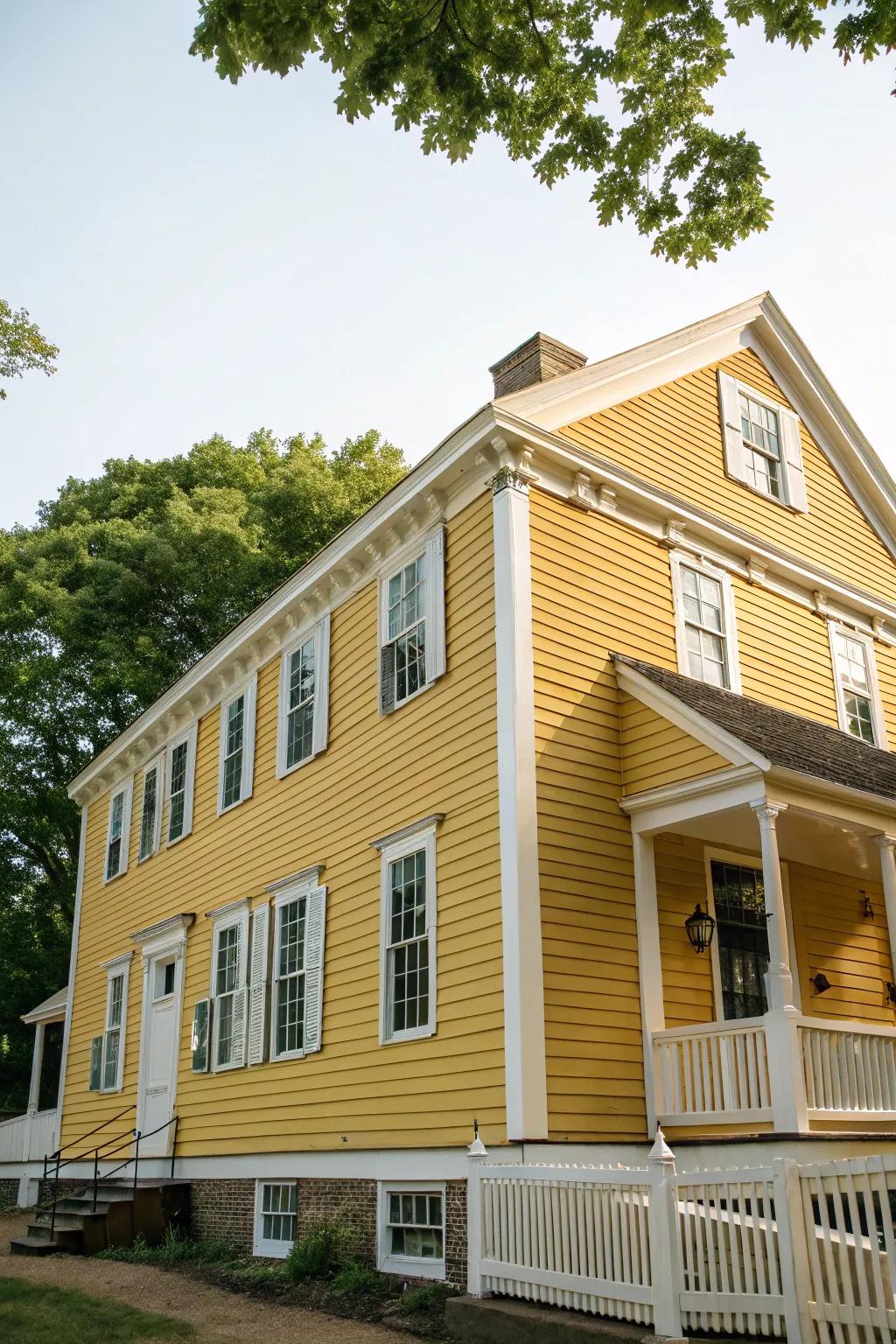 A delightful colonial house glowing with a gold toned frontage and crisp off-white trim.