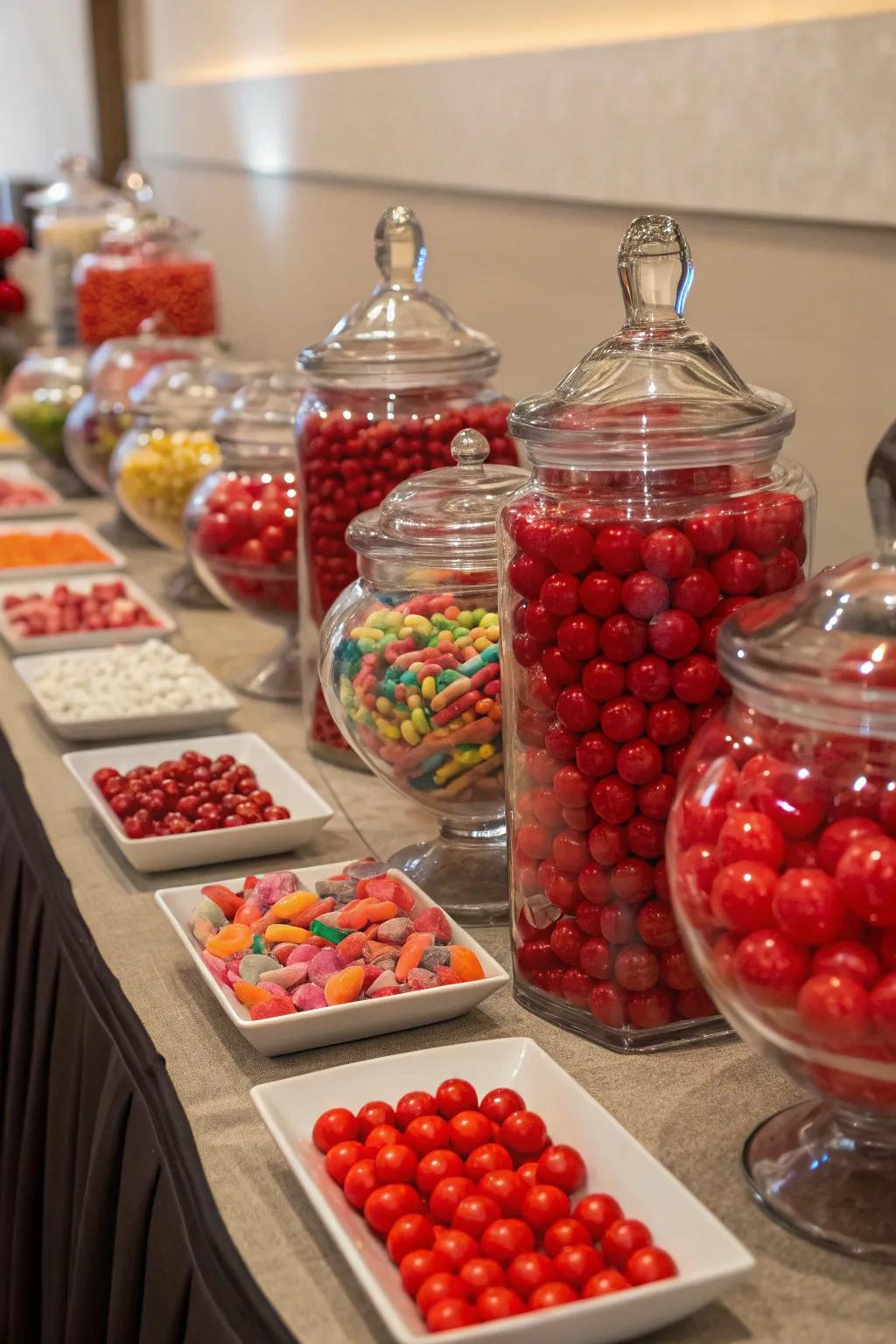 A crimson sugar treats station offering a sweet indulgence for guests.