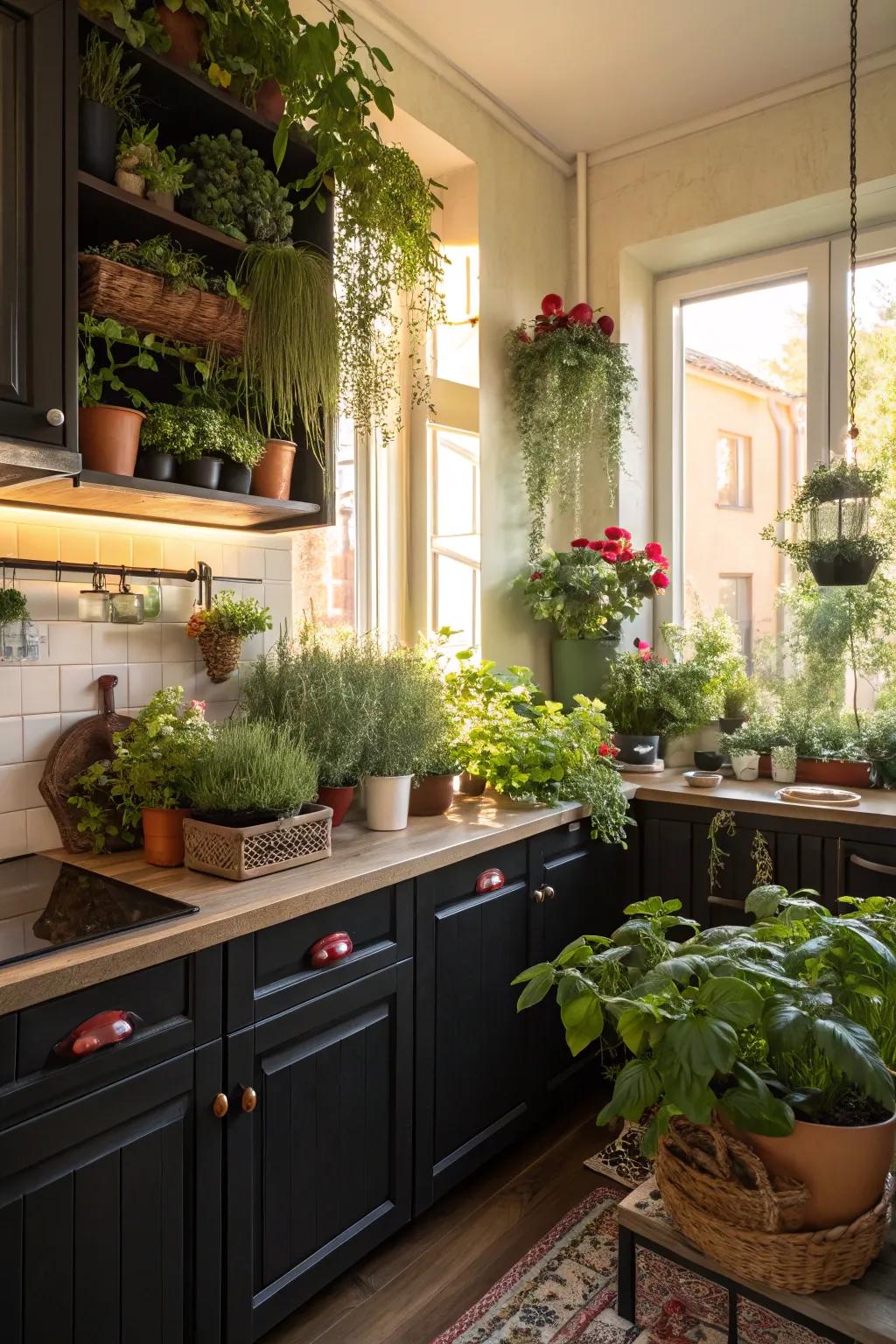Dark cabinets accented by natural plant life for a vibrant and fresh kitchen.