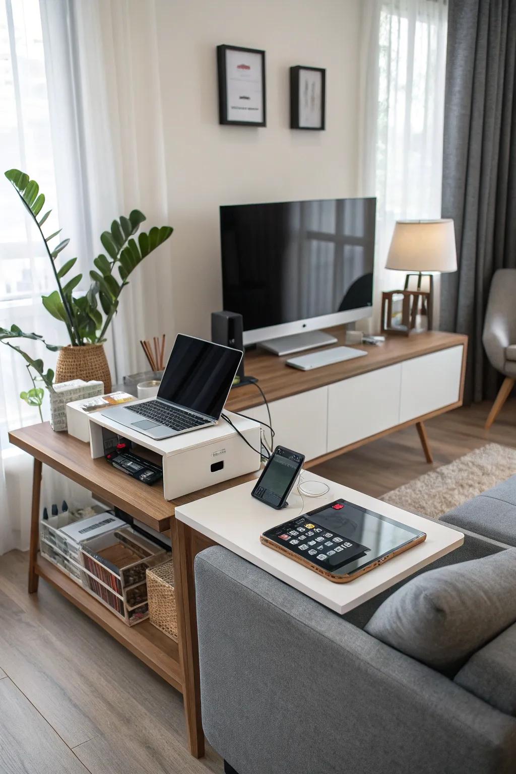 Tech integration for a clean and organized workspace.
