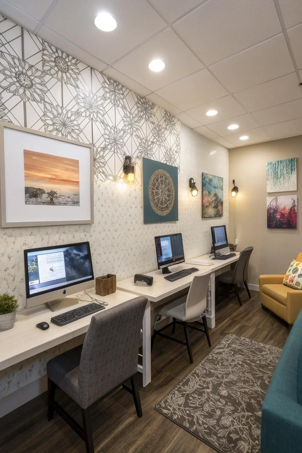 A computer room showcasing inspiring wall art that encourages creativity.