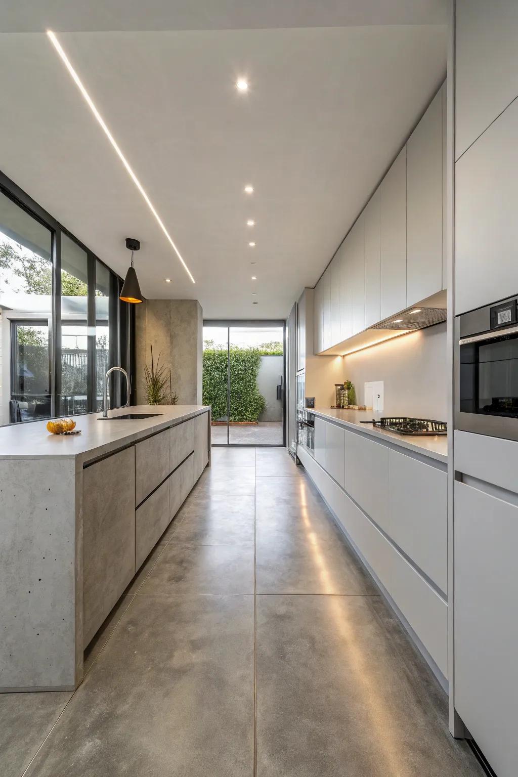 Concrete floors provide a sleek foundation in a contemporary kitchen.