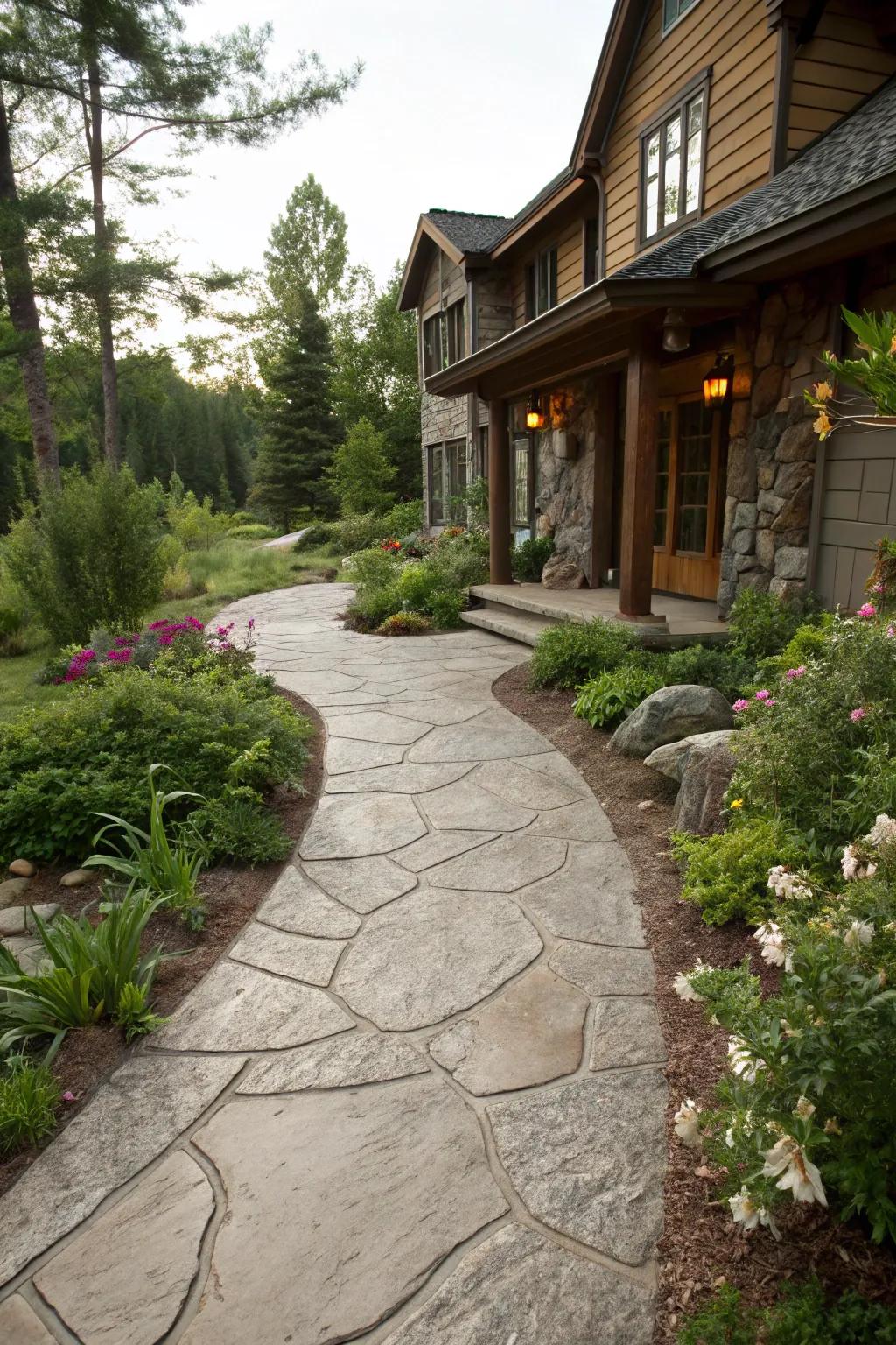 Patterned concrete offers an affordable alternative to natural stone.