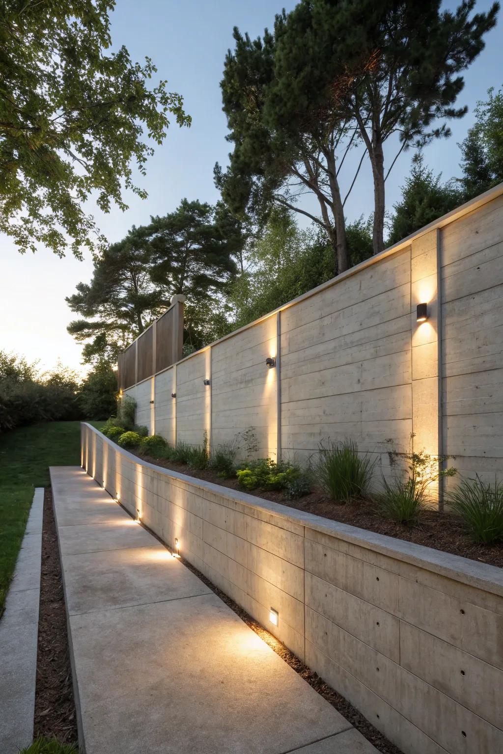 Lighting accents make retaining walls shine both day and night.
