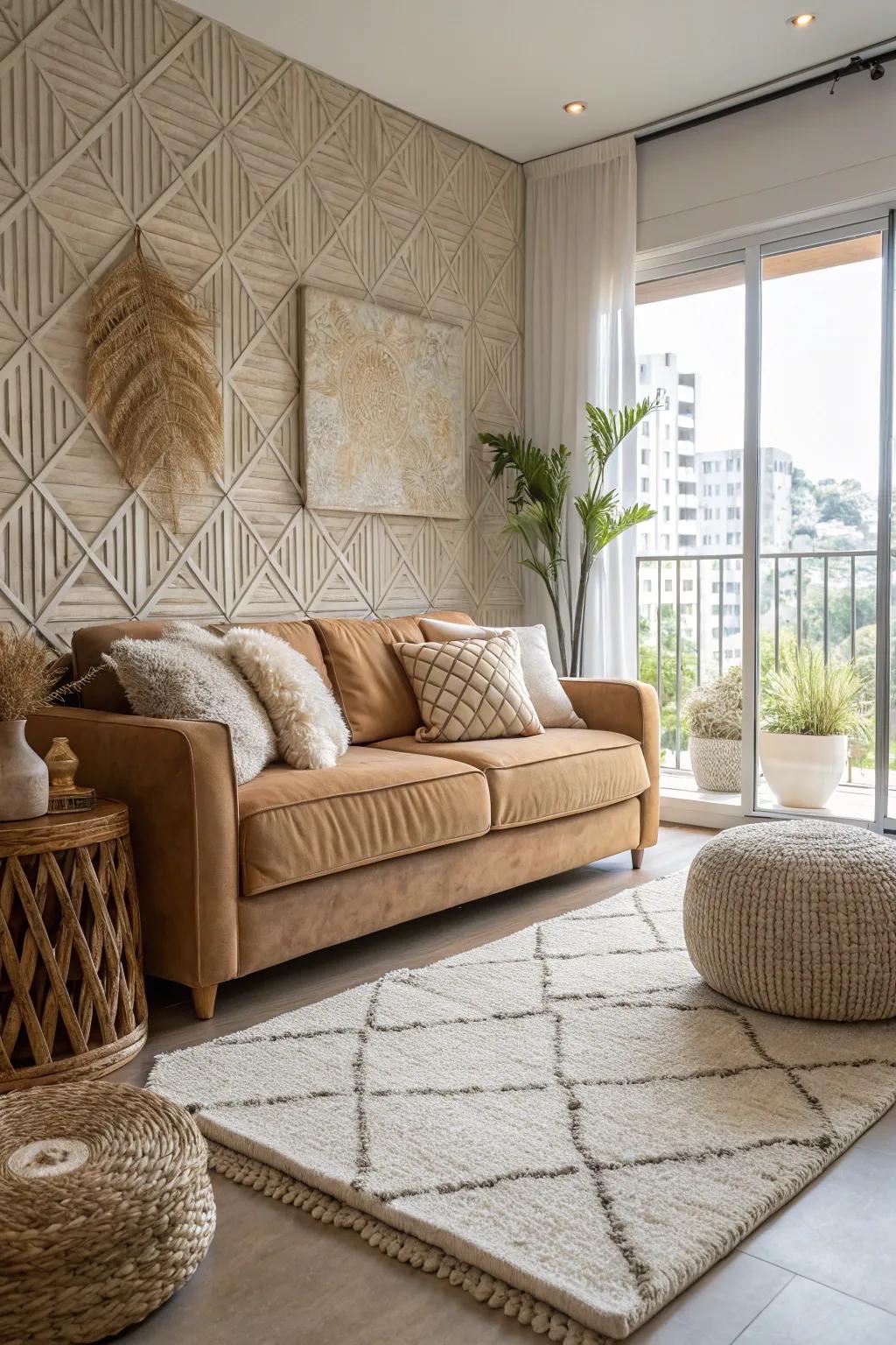 A condo interior showcasing diverse textures through rugs, cushions, and wall coverings.