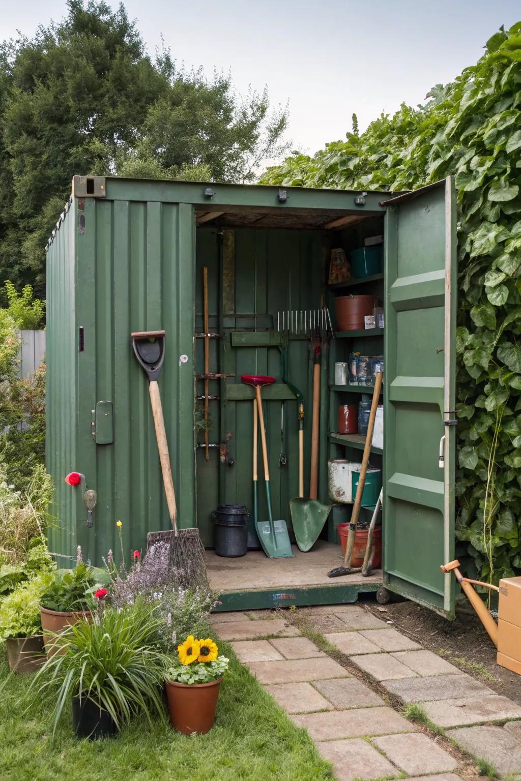 A shipping container makes a great storage center for all of your gardening necessities.