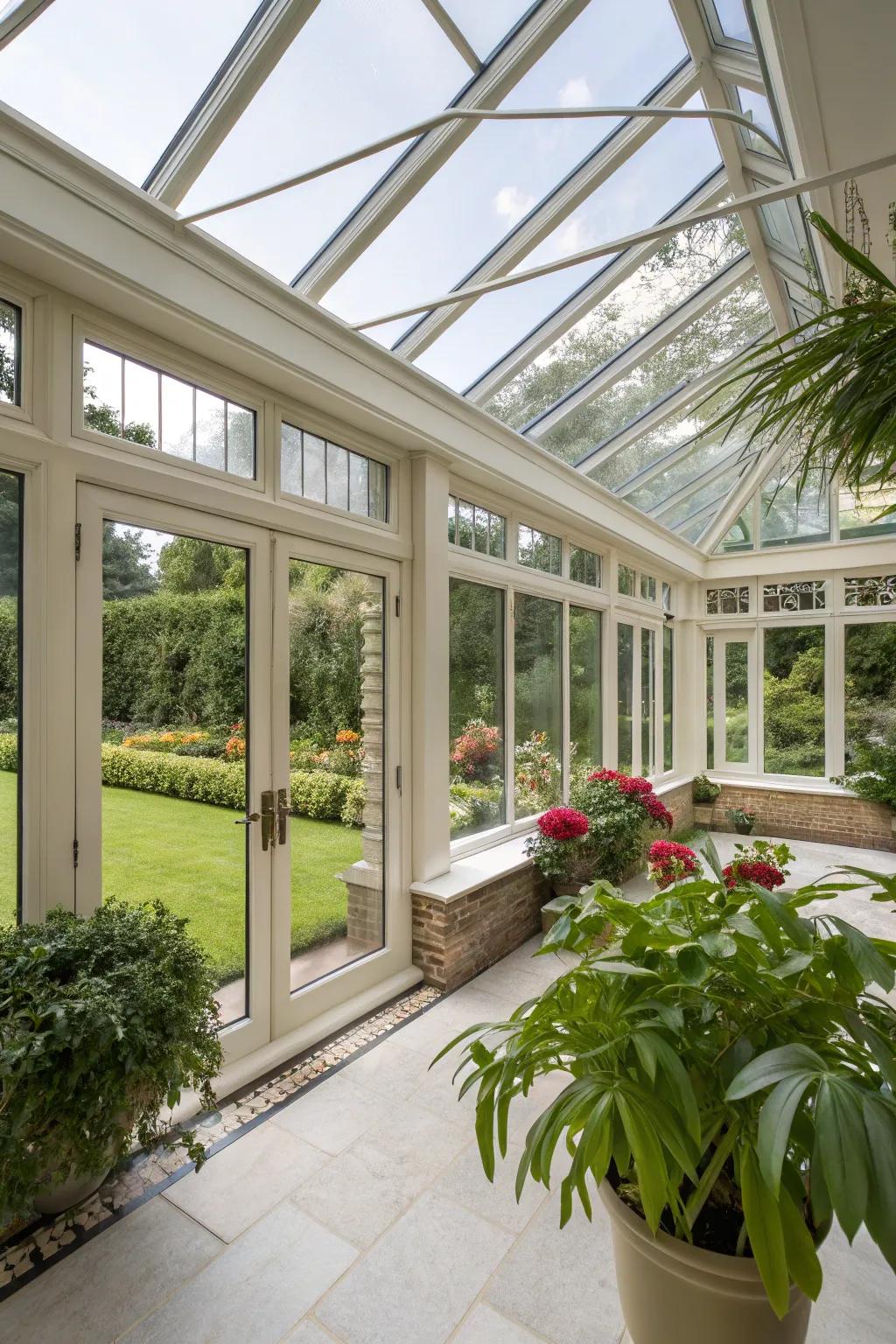 A modern conservatory featuring innovative glass extensions.