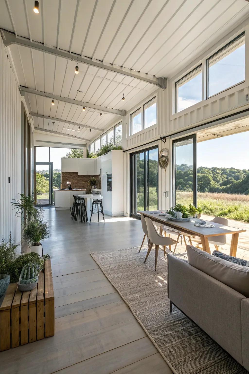 A container home featuring an airy and open floor plan.