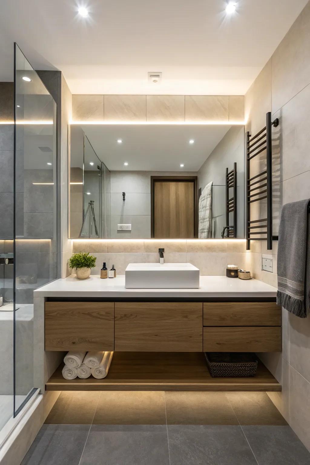 Bathroom featuring a streamlined hanging vanity.