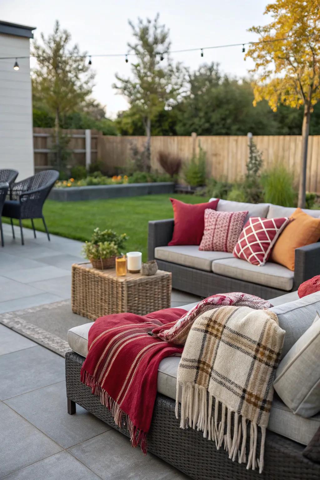 Comfortable textures using throws and cushions to develop a welcoming patio.