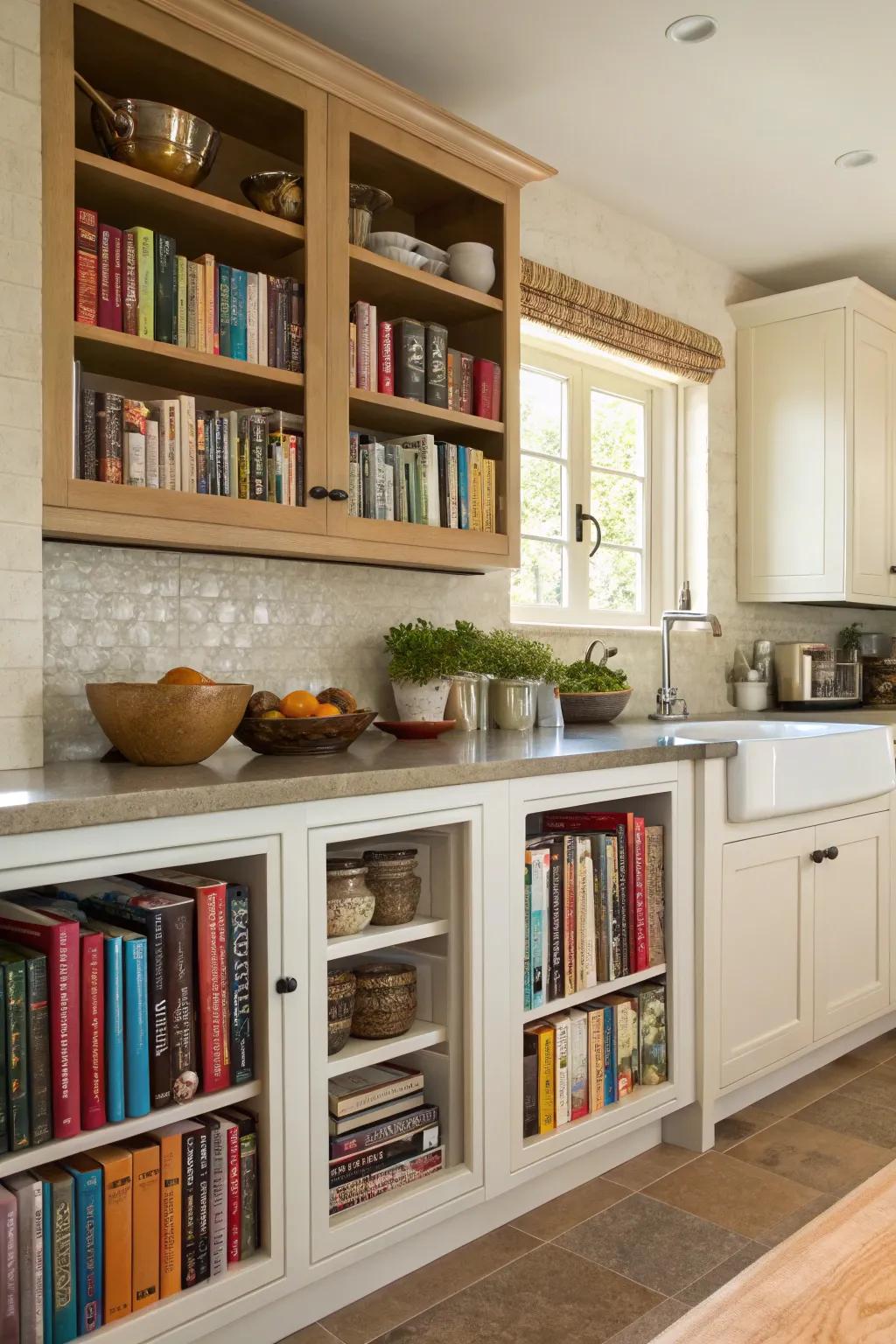 Maximize kitchen space with creative cookbook storage.