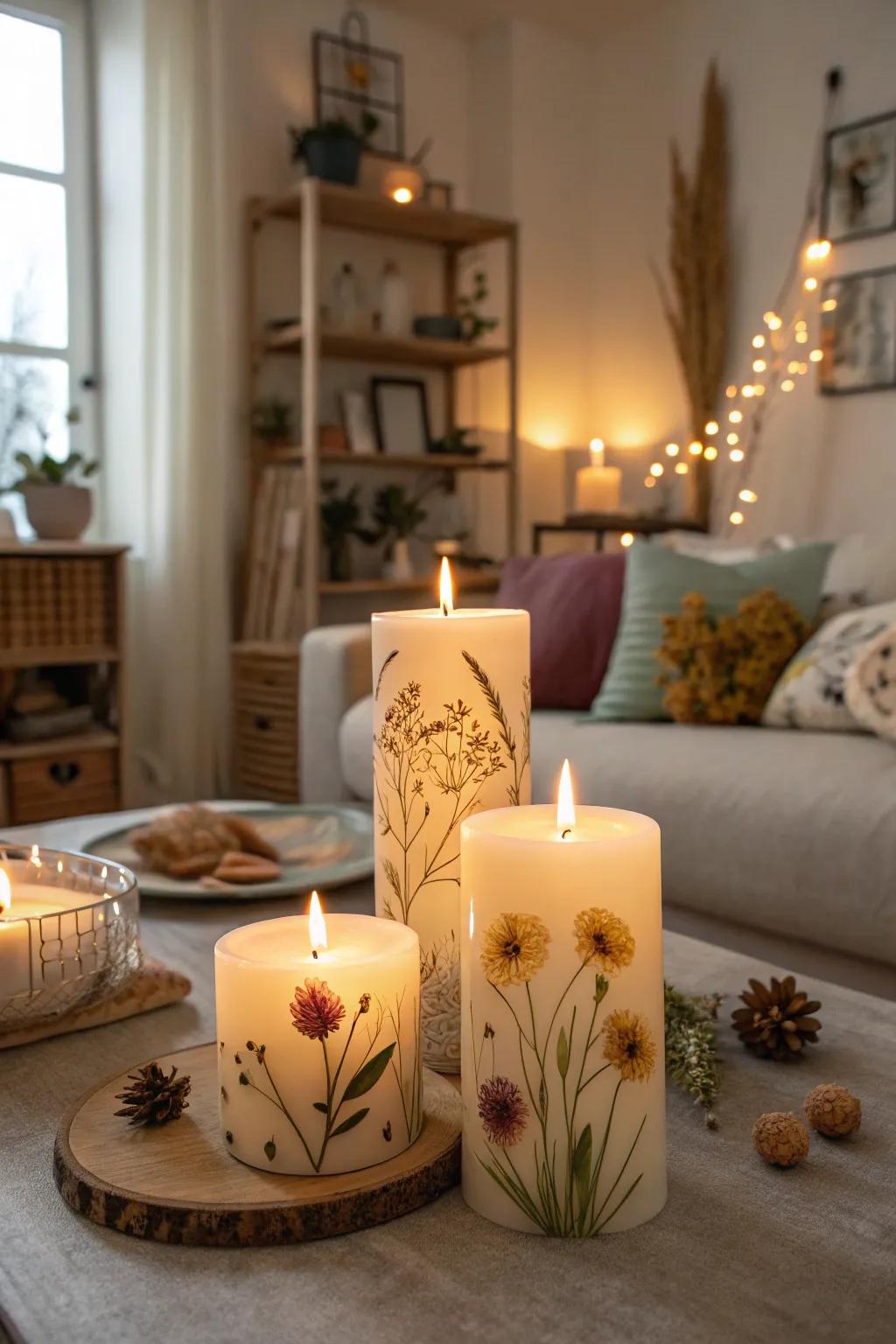 Candles with dried flowers bring nature indoors.