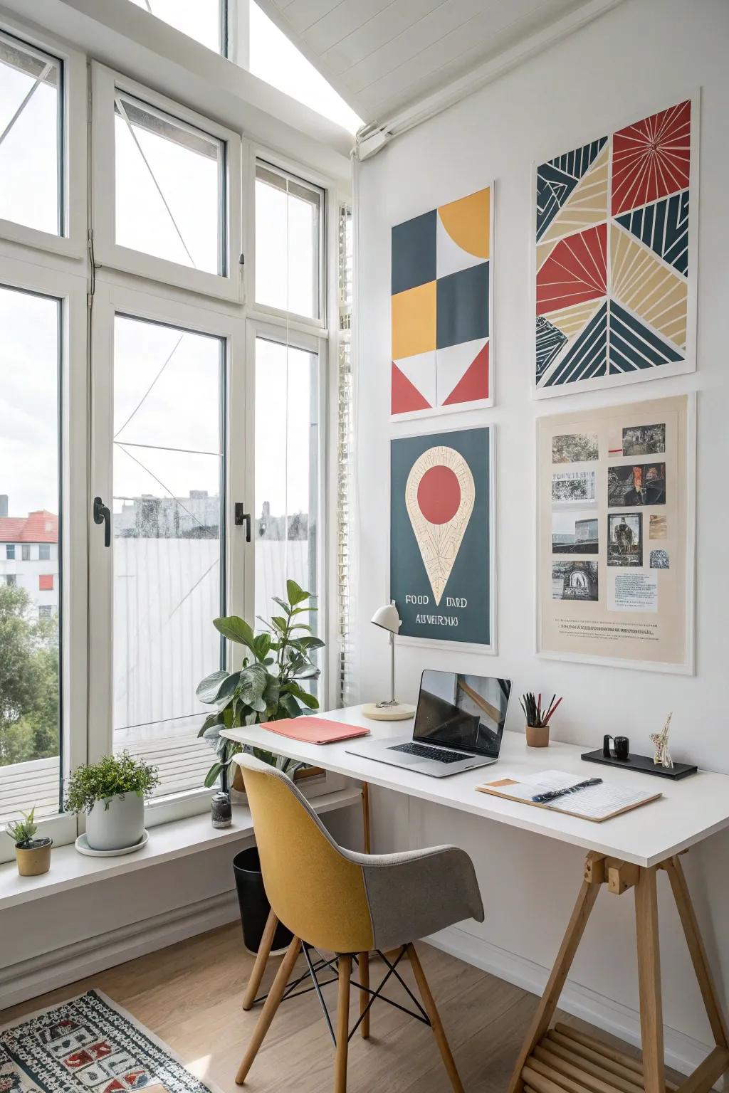 Geometric posters provide a modern, structured decor element.