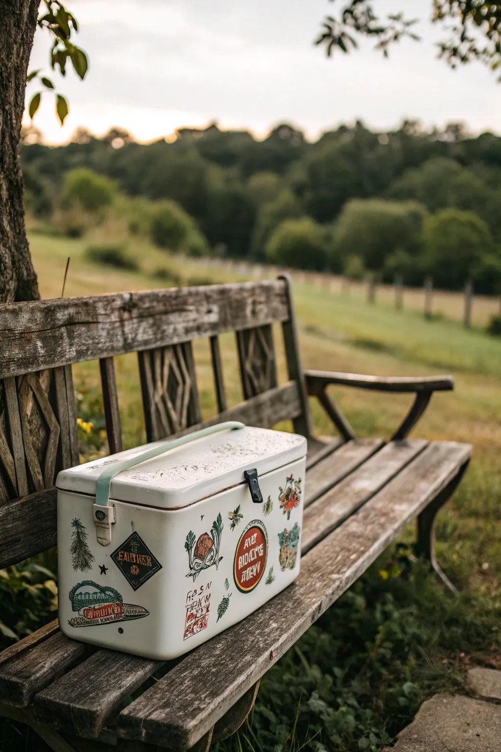 A cooler showcasing vintage decals for a retro vibe.