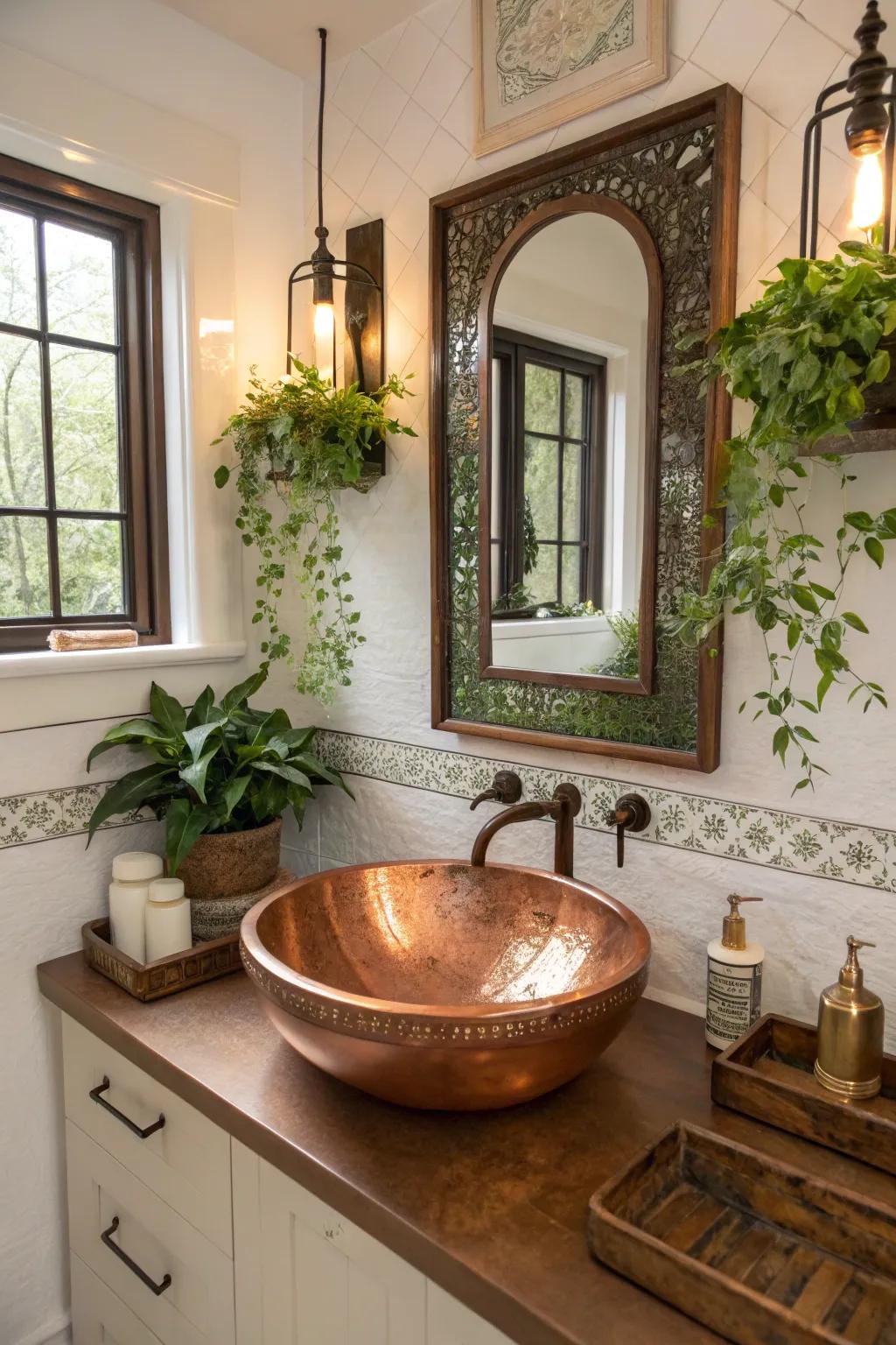Decorative details bring a playful touch to this bathroom, complementing the bronze basin.
