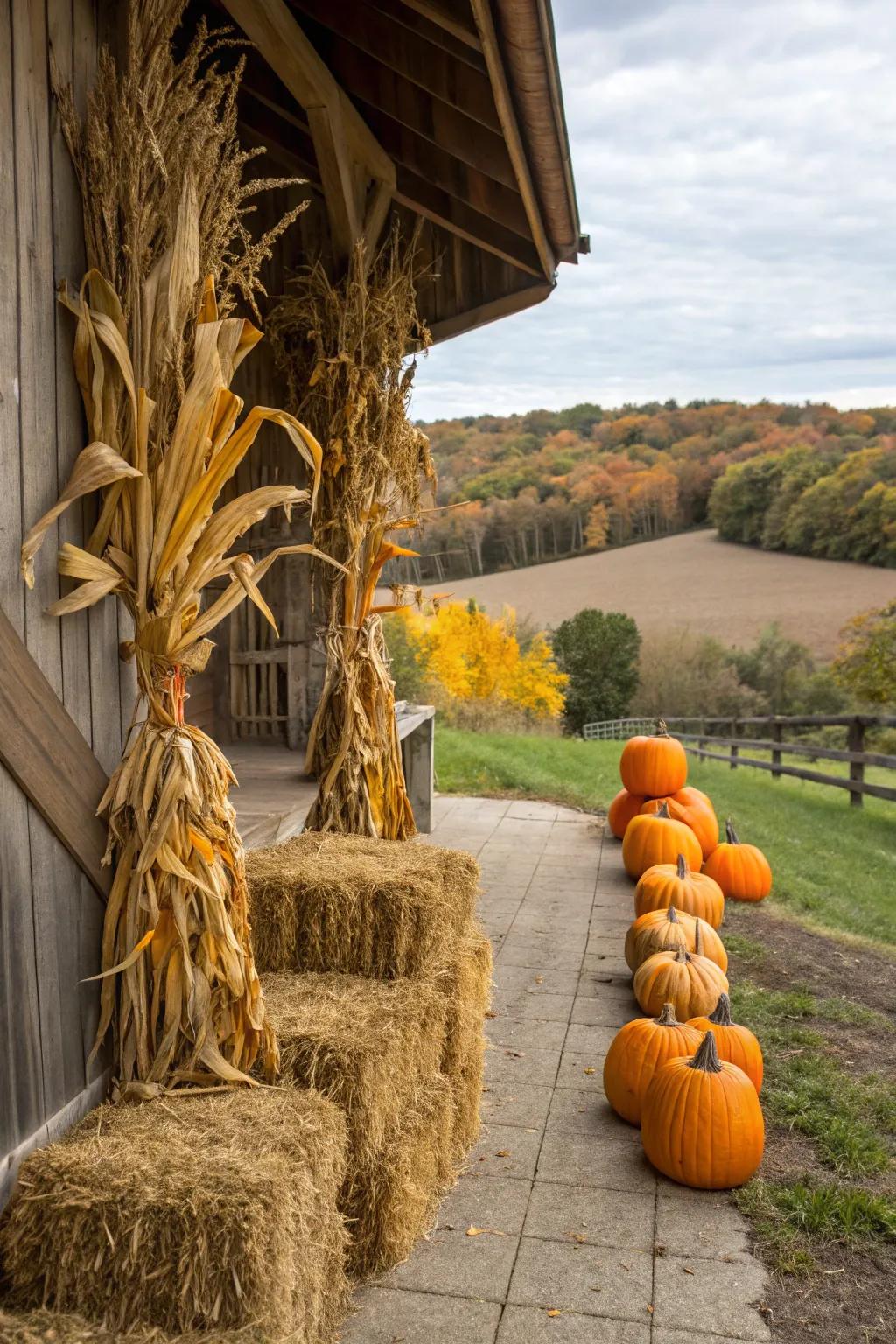 Change a barn or shed into an autumnal work of art using dried corn stalks.