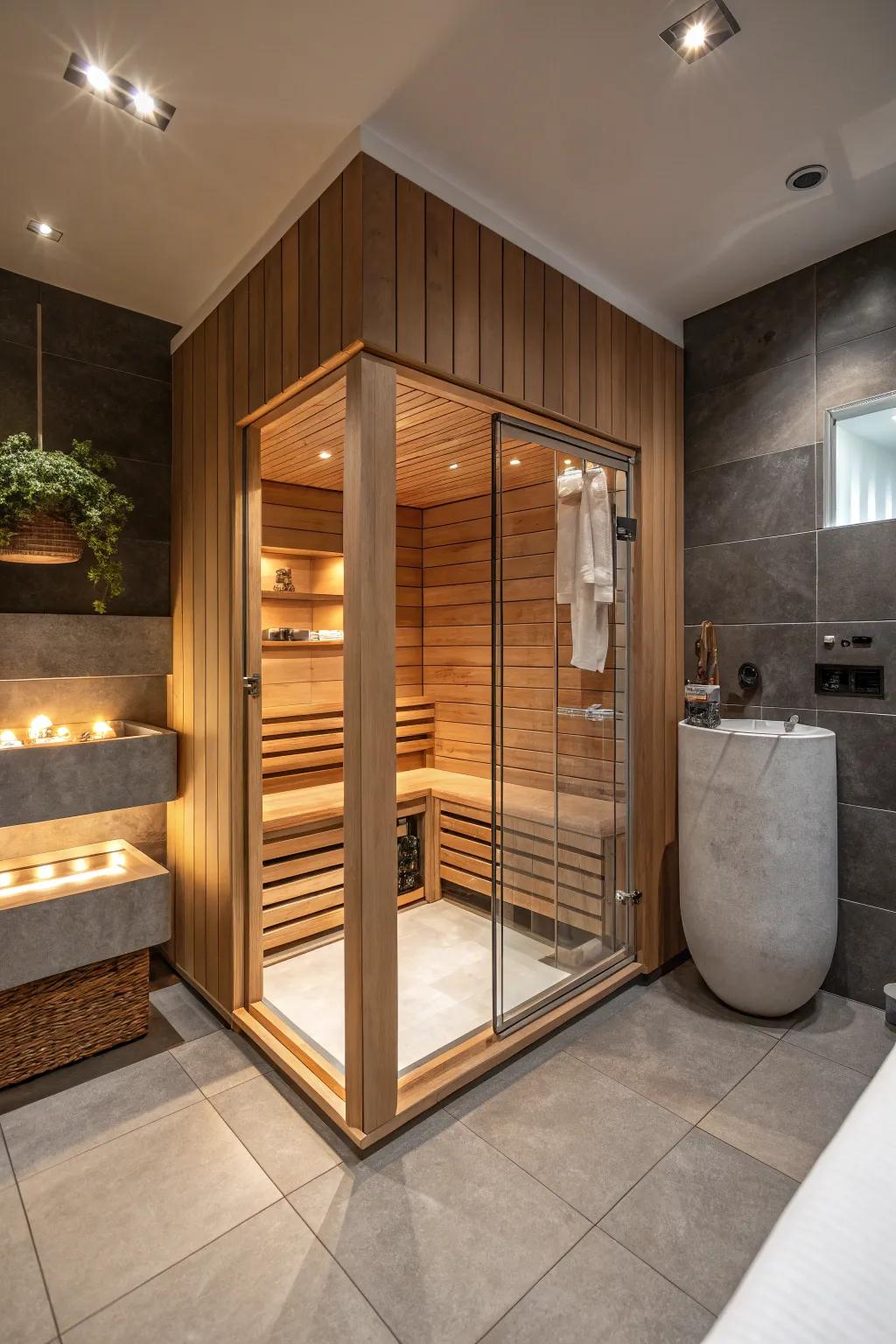 At home, a corner sauna provides a unique spa experience.