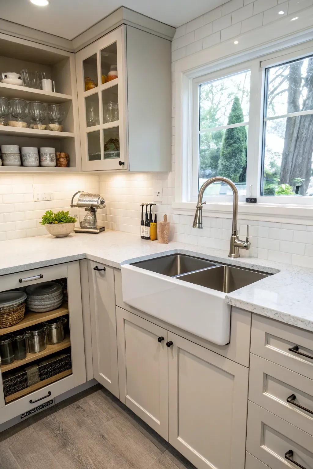 A corner sink set in a hidden nook, keeping the kitchen space clean and organized.