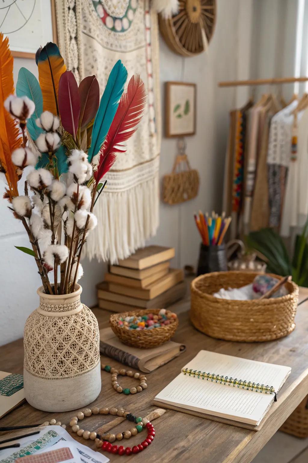 Boho chic featuring cotton stems and colorful accents.