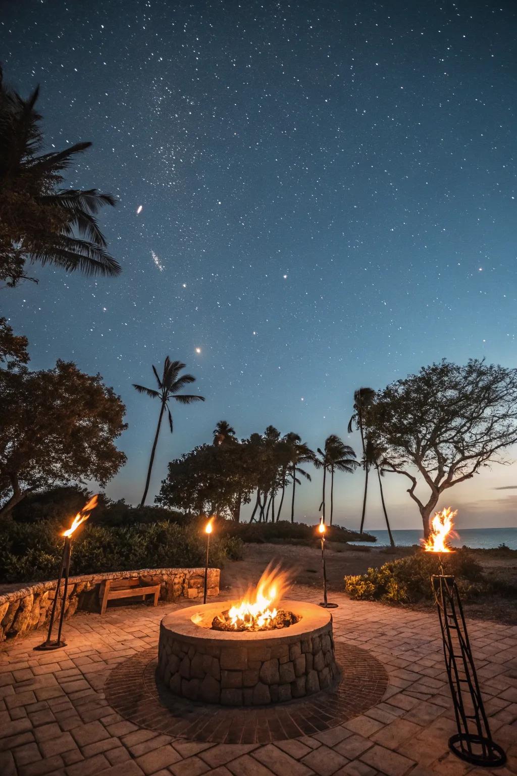 Tiki torches add an exotic and vibrant atmosphere to your fire pit zone.