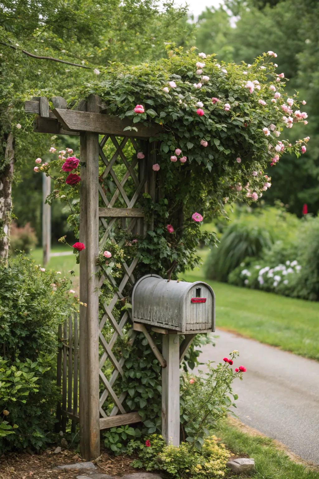 An arbor mailbox combines function with flourishing plant life.