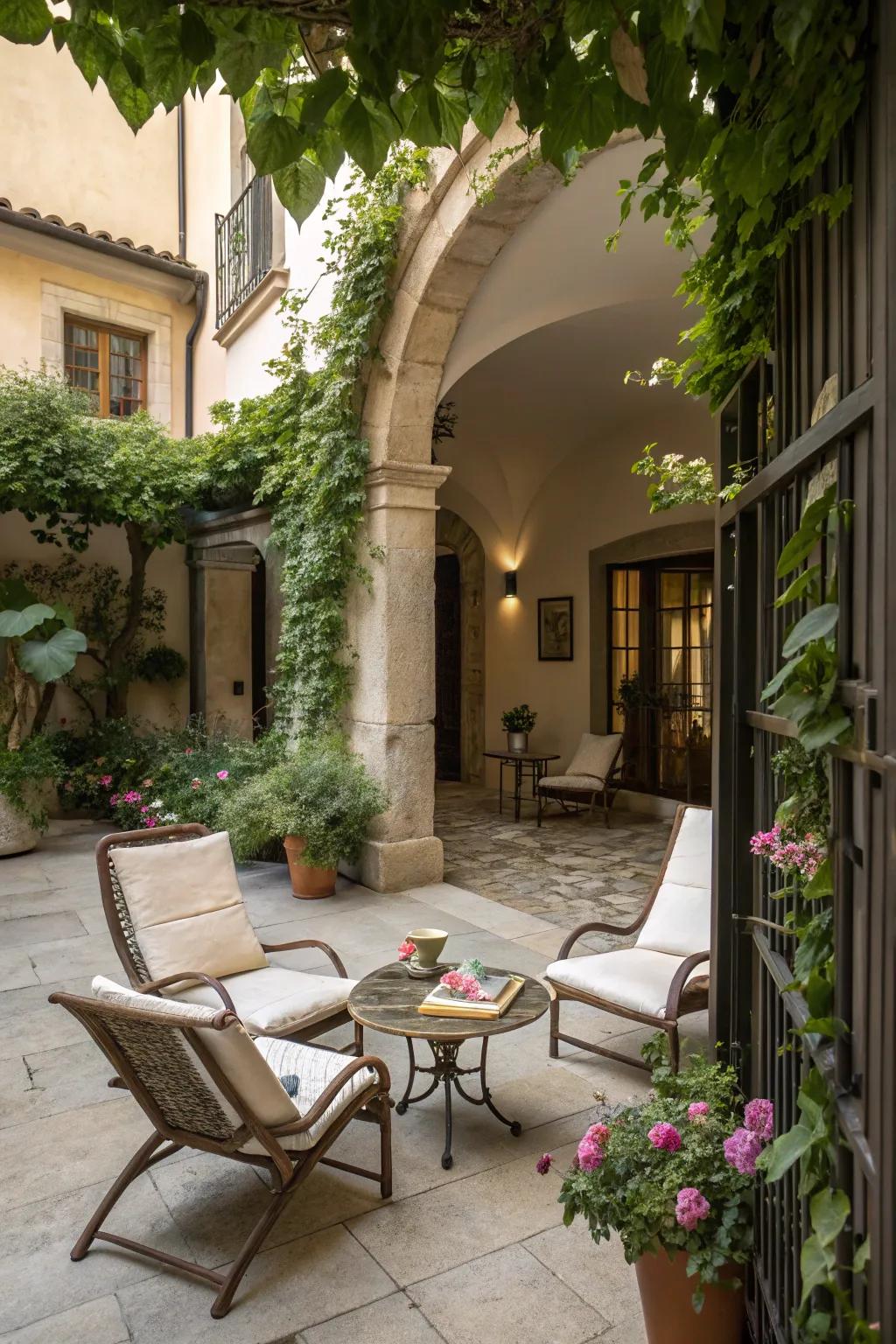 Outdoor furniture turns your entrance into a cozy parlor space.