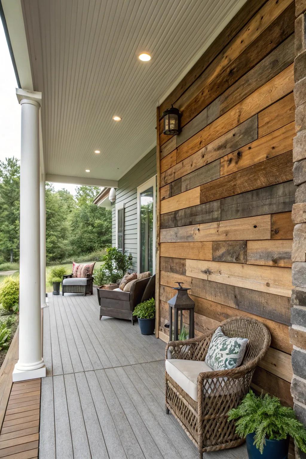 A featured wall adds individuality and depth to the porch.