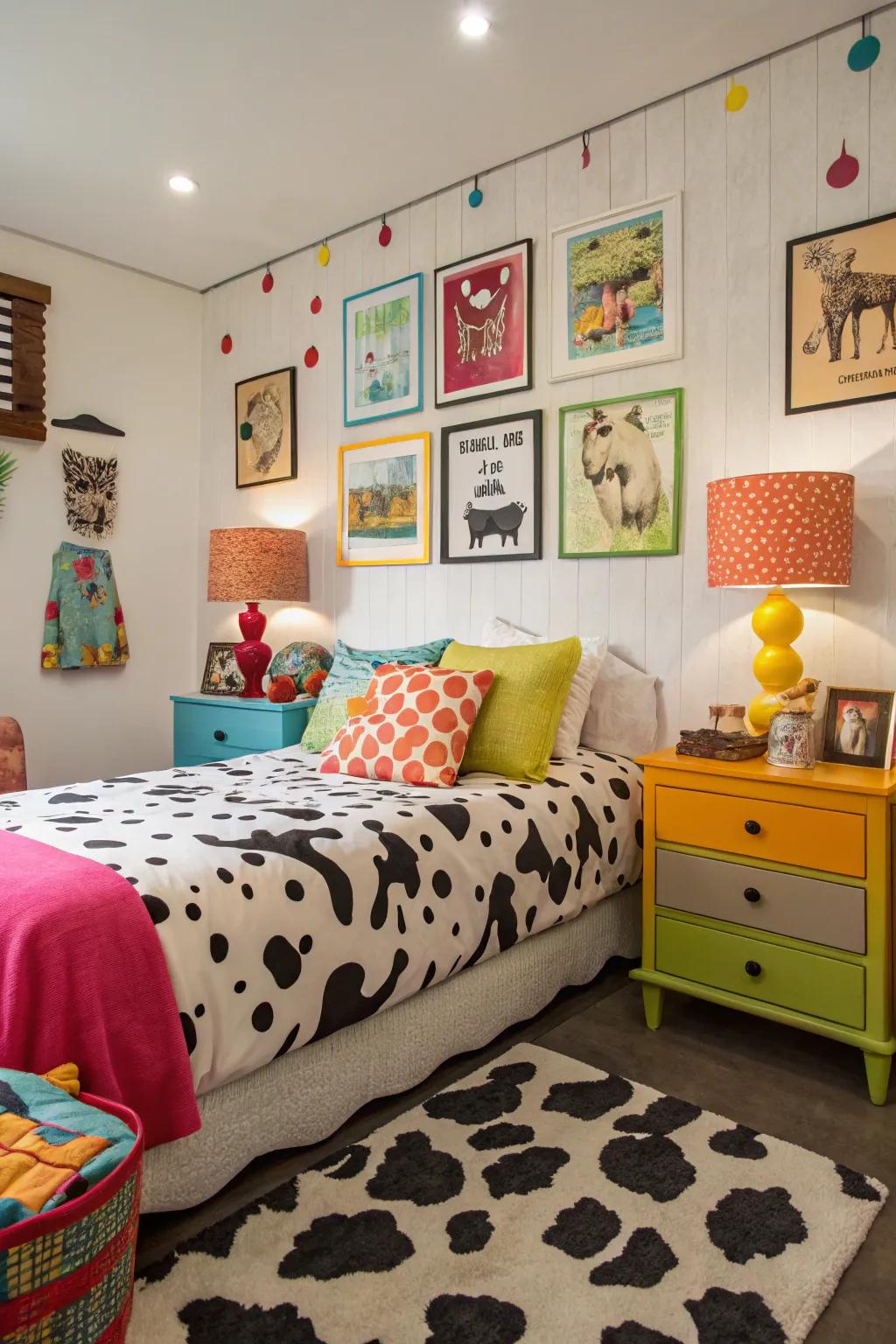 Bright colors and farm animal pattern create a playful and eclectic room.