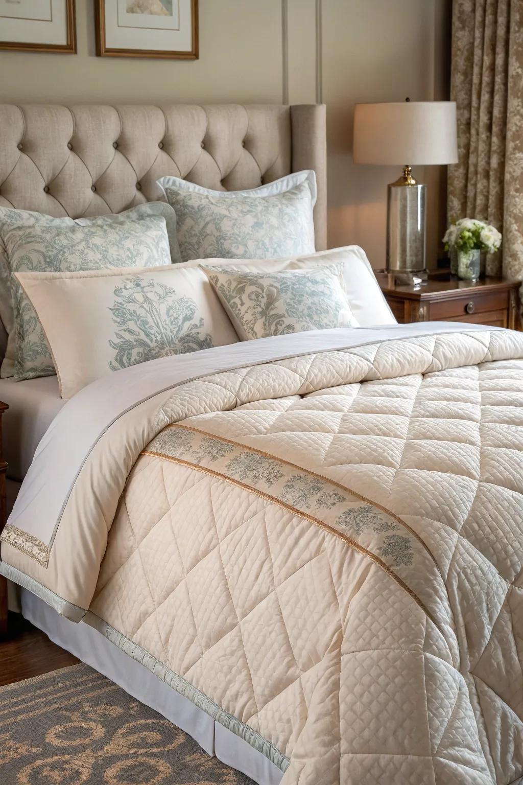 Delicate bedding transforms your bed into a sanctuary of relaxation.