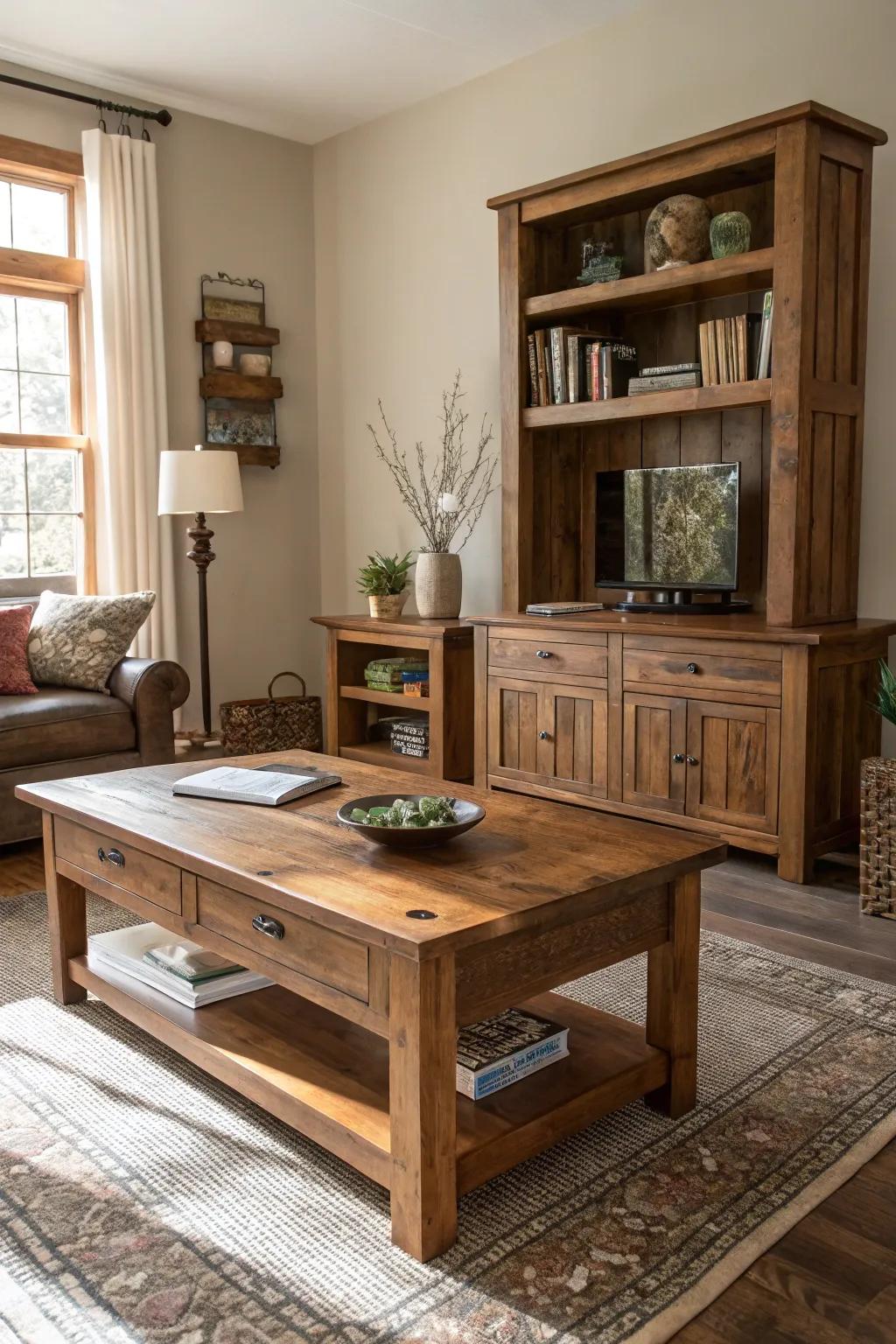 Wood accents add rustic charm and warmth.