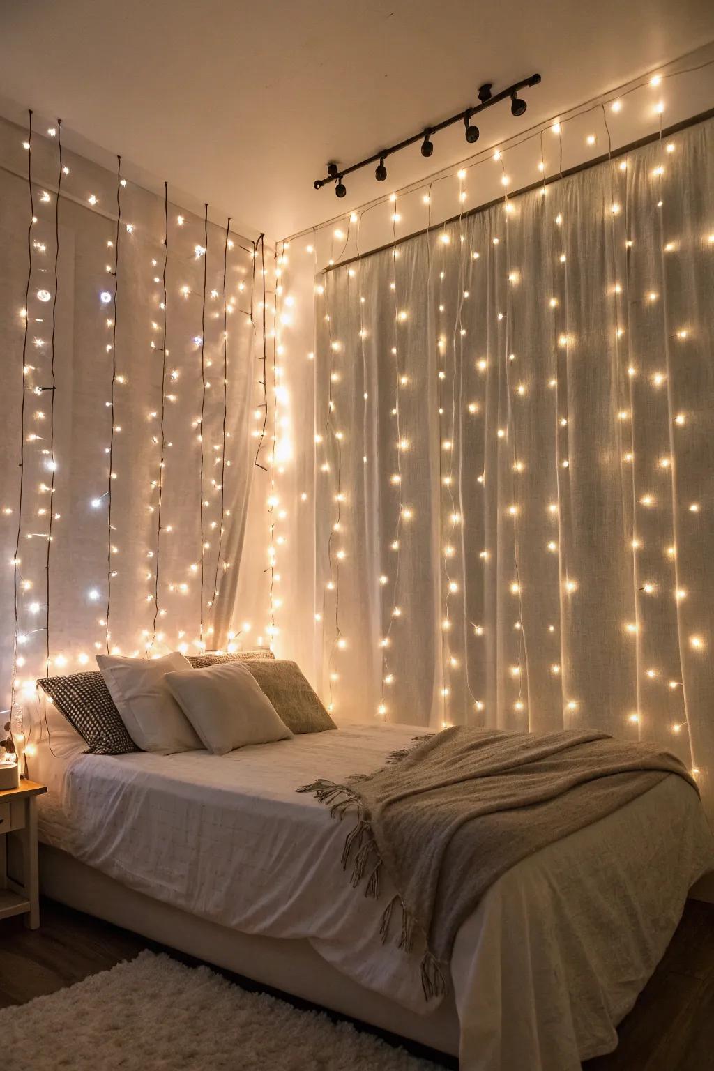 A wall coated using a curtain that's made of twinkle lights.