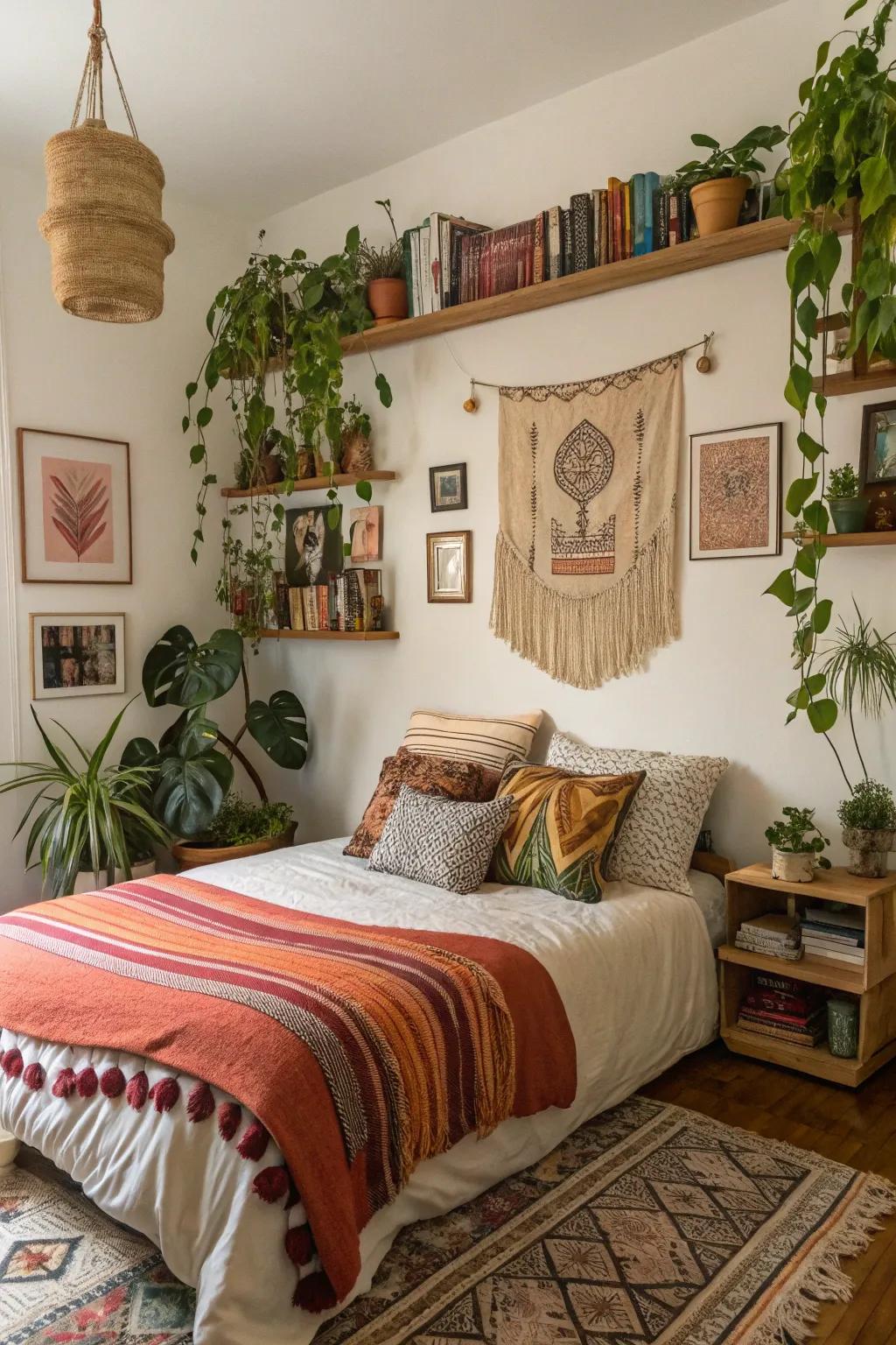 Bohemian elements pair beautifully with plants to create a cozy, eclectic bedroom.