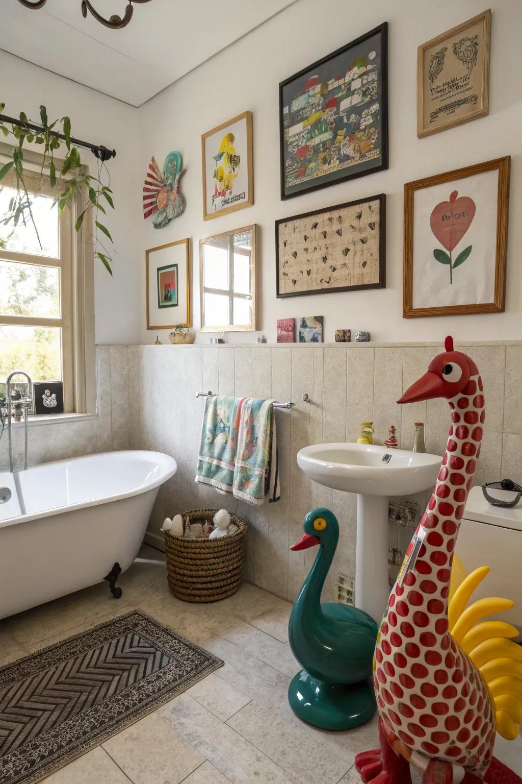 A bathroom with whimsical art installations that spark joy.